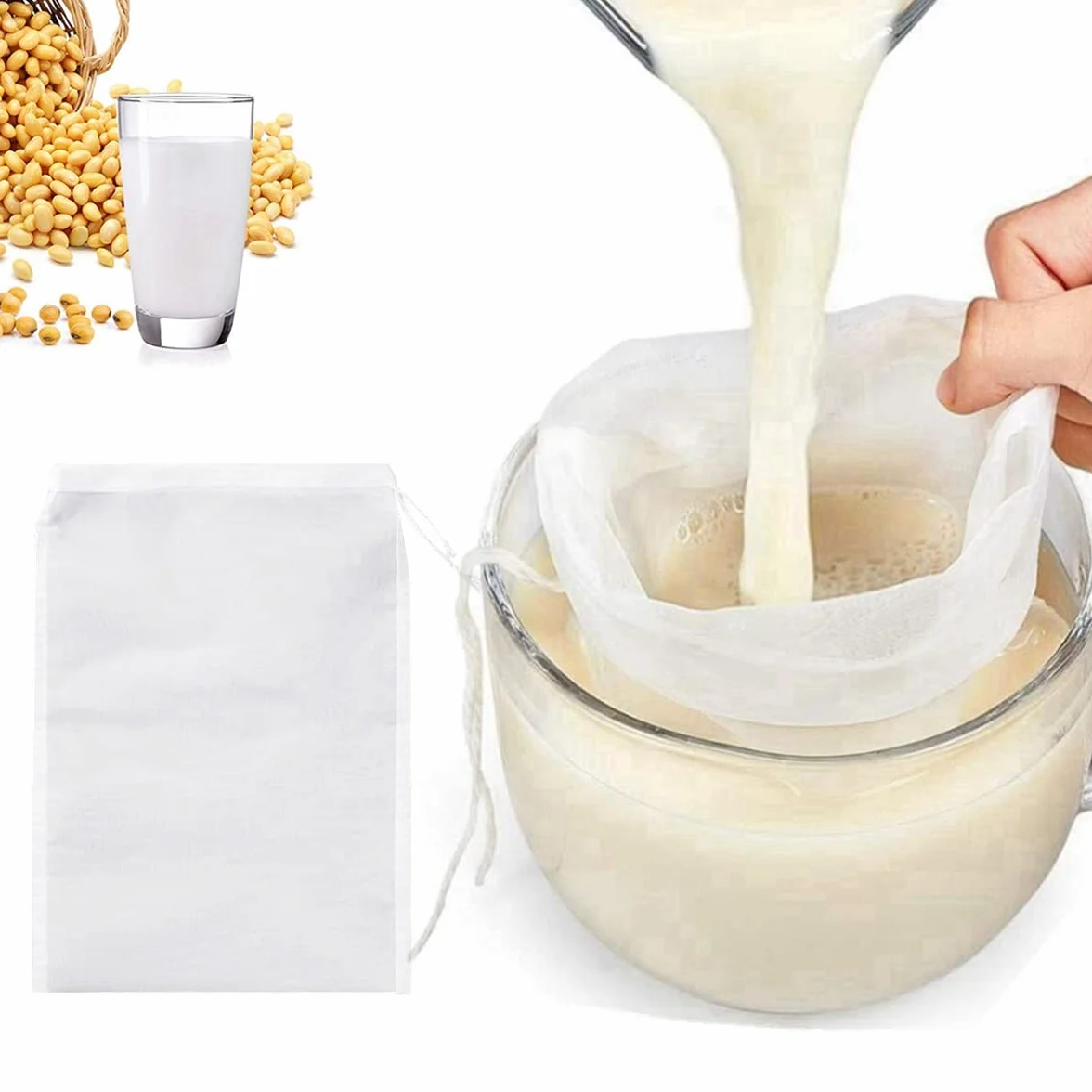 Maname® 5 Bolsas De Tela Reutilizables Filtrar Leche Vegetal. Bolsa para Escurrir Verduras. Colador De Tela Estameña Para Cocina. 3 Grandes + 2 XL Nut Milk Bag. Estopilla. Cheesecloth - Colador Kefir