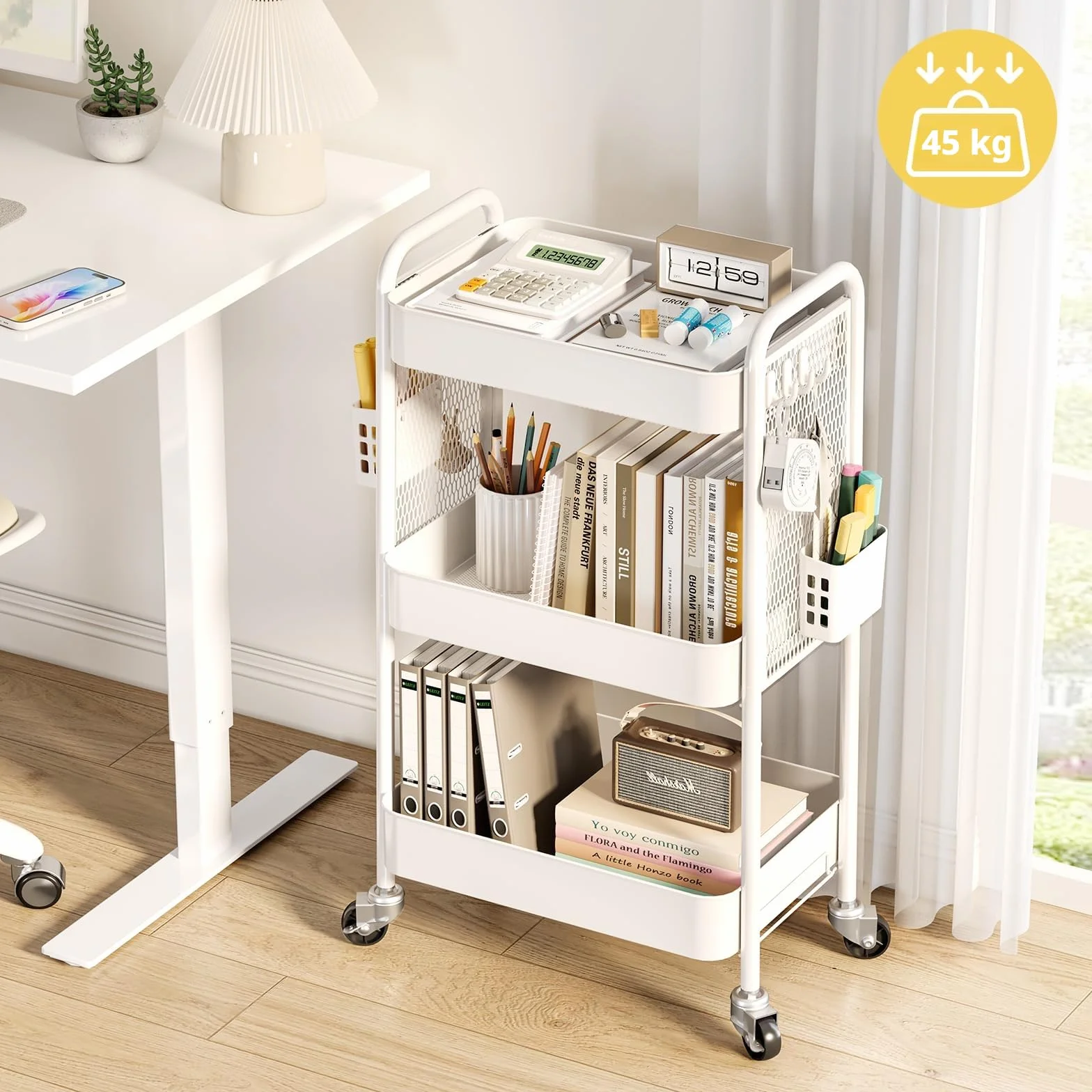 Urackify Carrito de Almacenamiento utilitario para diversas Aplicaciones – Carrito rodante de Metal de 3 Niveles con tableros de Clavijas, cestas y Ganchos para Almacenamiento Adicional en Cocina,
