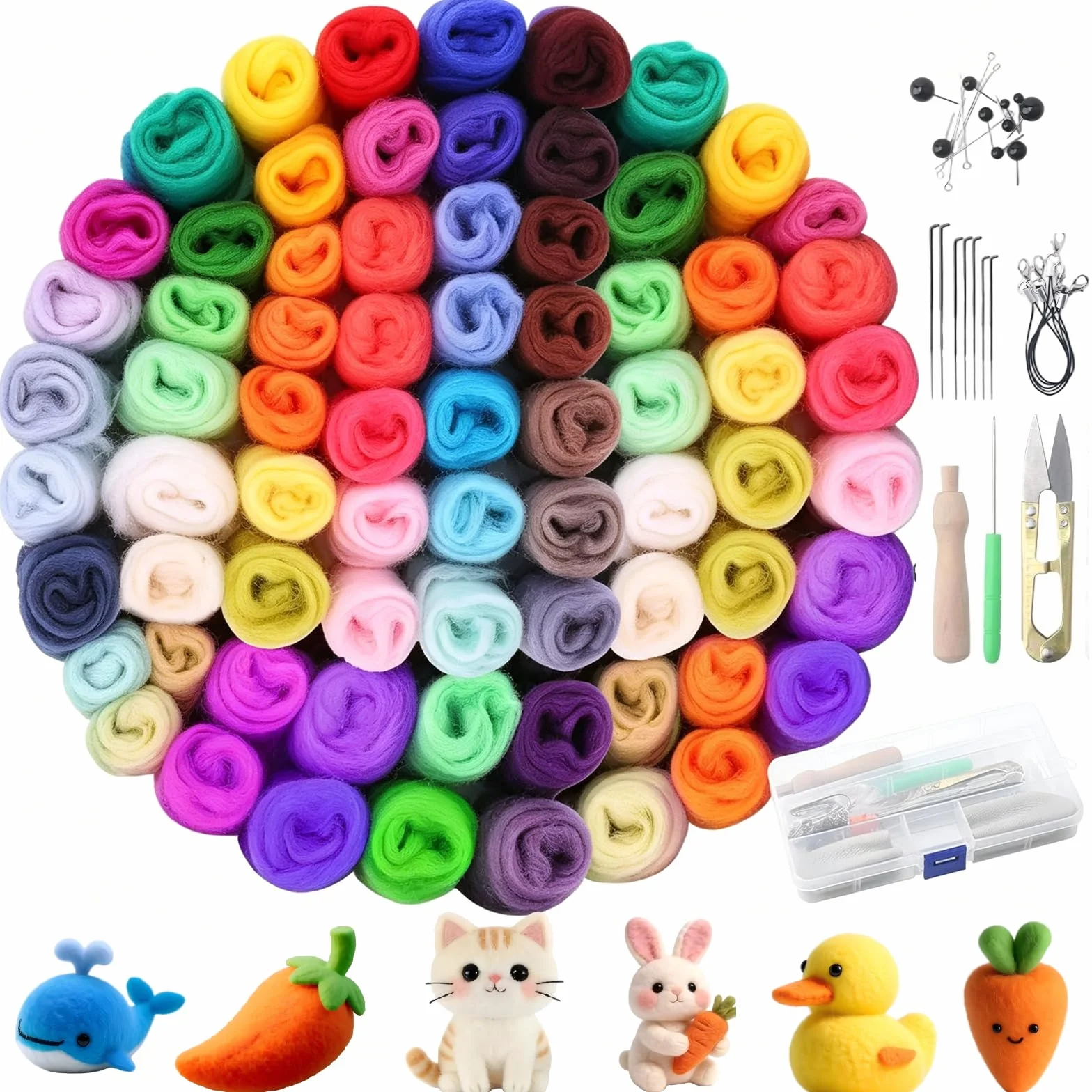 Juego de Lana de Fieltro De 72 Colores Para Manualidades, Kit Afieltrado Principiantes Con 3 Tamaños Agujas Fieltro, Mango Madera Reforzado Anti-Afloje y Caja Plástica, Lana Merino Para Remendar