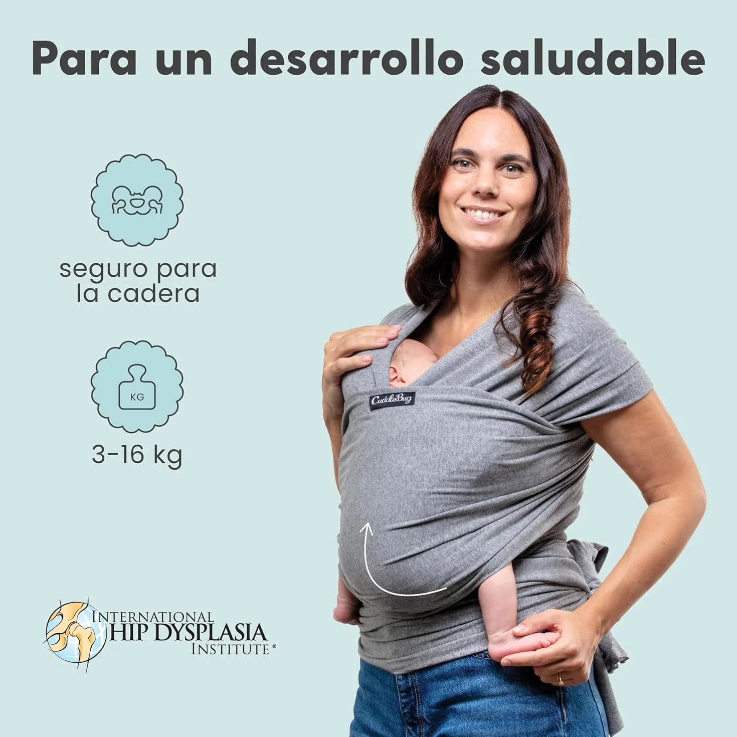 CuddleBug Fular Portabebés Recién Nacido hasta 16 Kg Manos Libres Tela Suave Elástico Talla Única Gris
