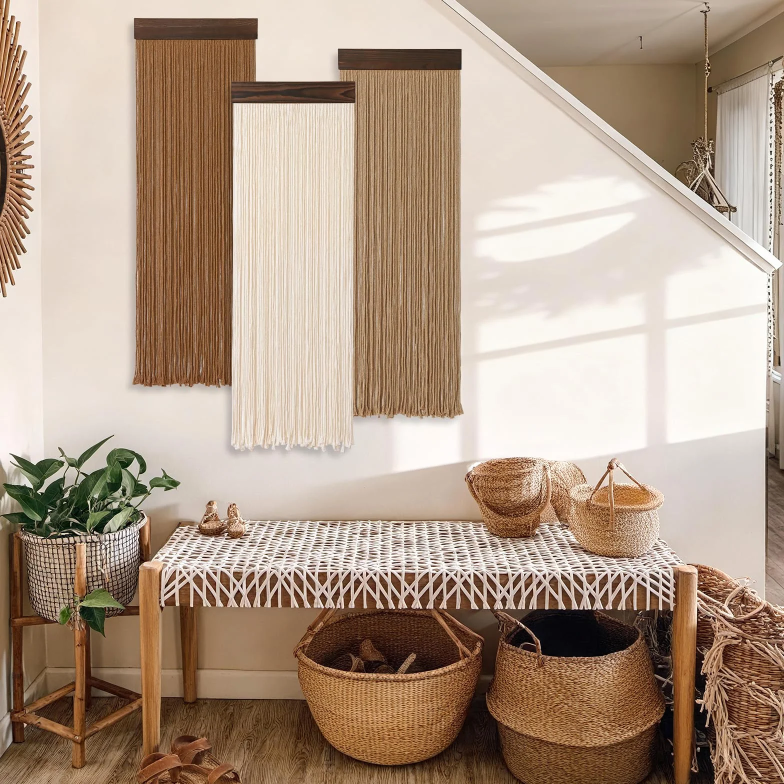 Weldomcor 3 piezas de hilo de macramé boho chic decoración del hogar, 30 x 92 cm, borlas, tapiz moderno hecho a mano, gran decoración de pared para salón, dormitorio, habitación de los niños