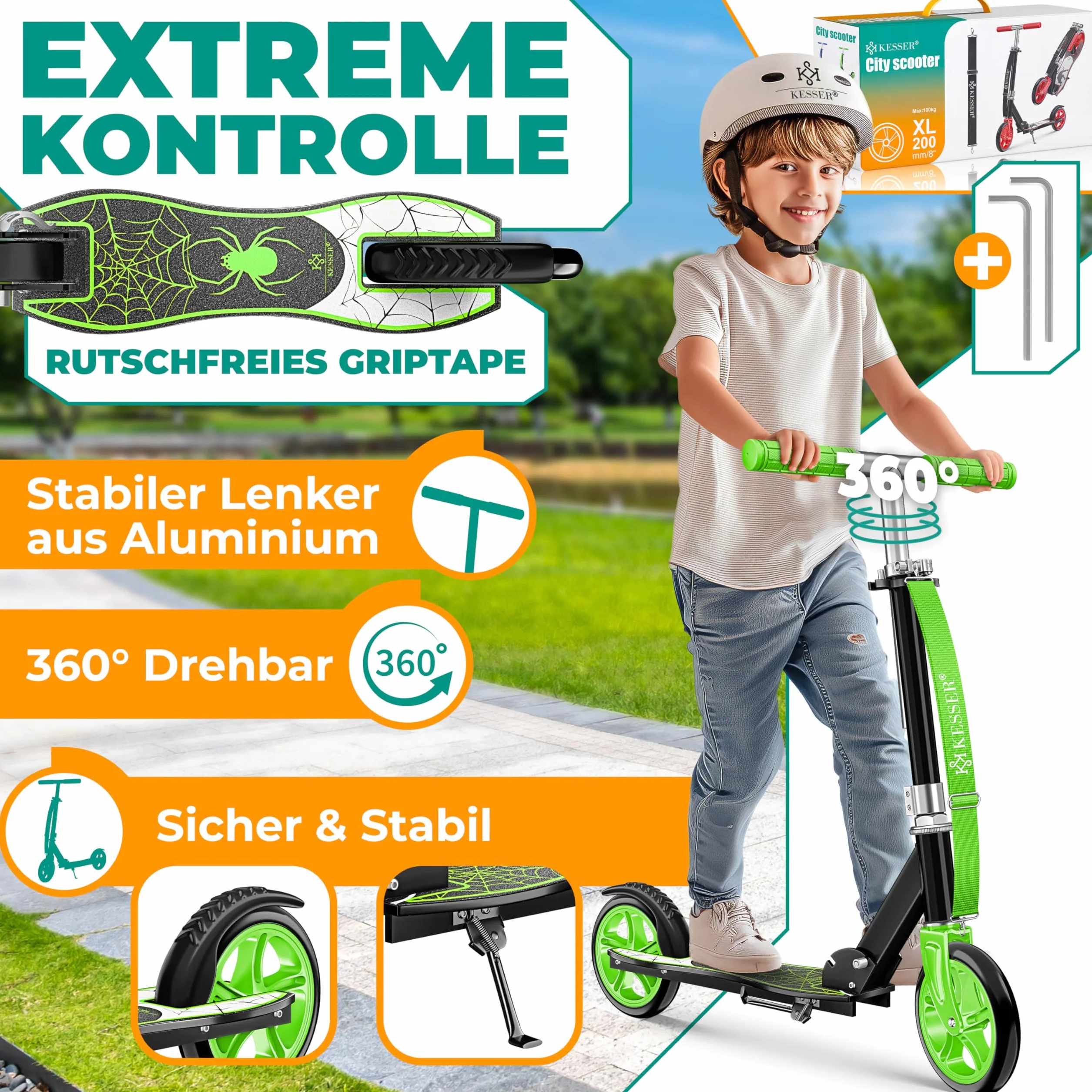 KESSER City Scooter Plegable para Niños, Patinete Regulable en Altura hasta 100 kg, Freno Trasero