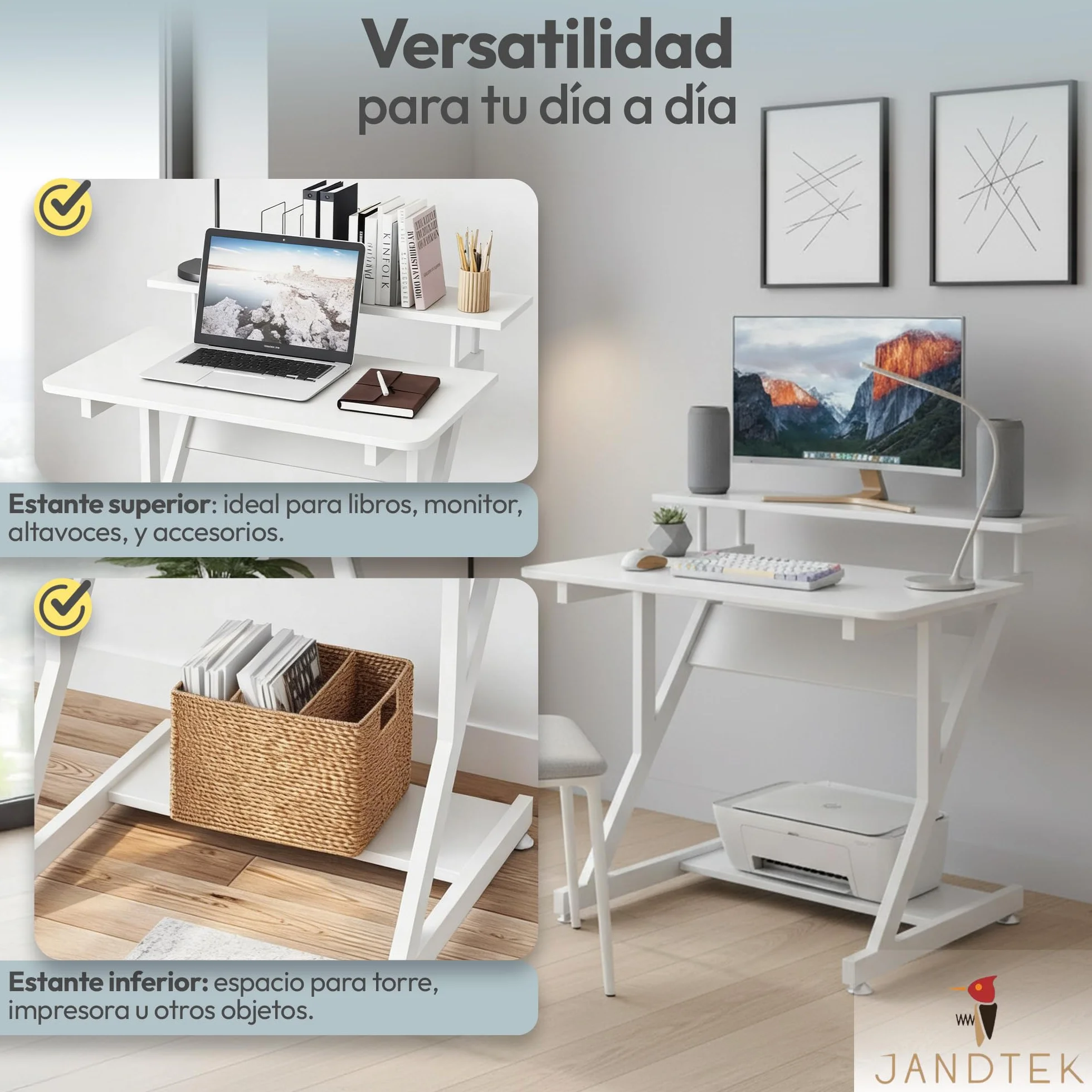 Escritorio Pequeño con Estante Superior 70 x 40 cm, Mesa Escritorio Blanca o Roble para Ordenador, Mesa de Trabajo Compacta para Estudio, Oficina y Habitación (Blanco)