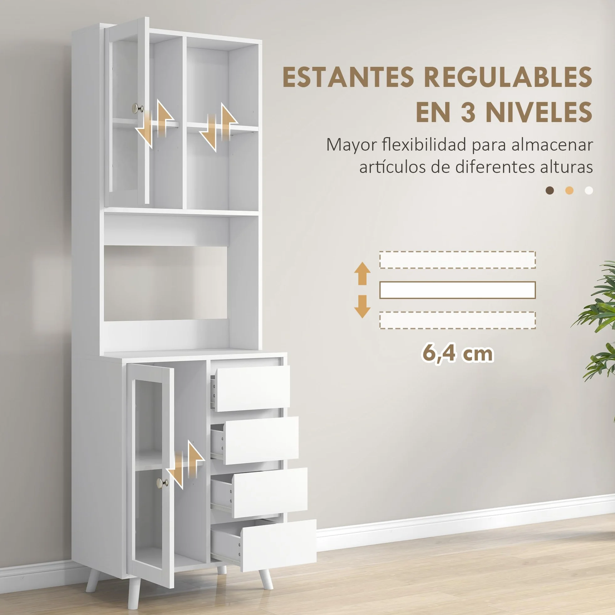 HOMCOM Alacena de Cocina Armario de Cocina Buffet Aparador con 2 Puertas de Vidrio Compartimentos Abiertos 4 Cajones y Estantes Ajustables 60x35x180 cm Blanco