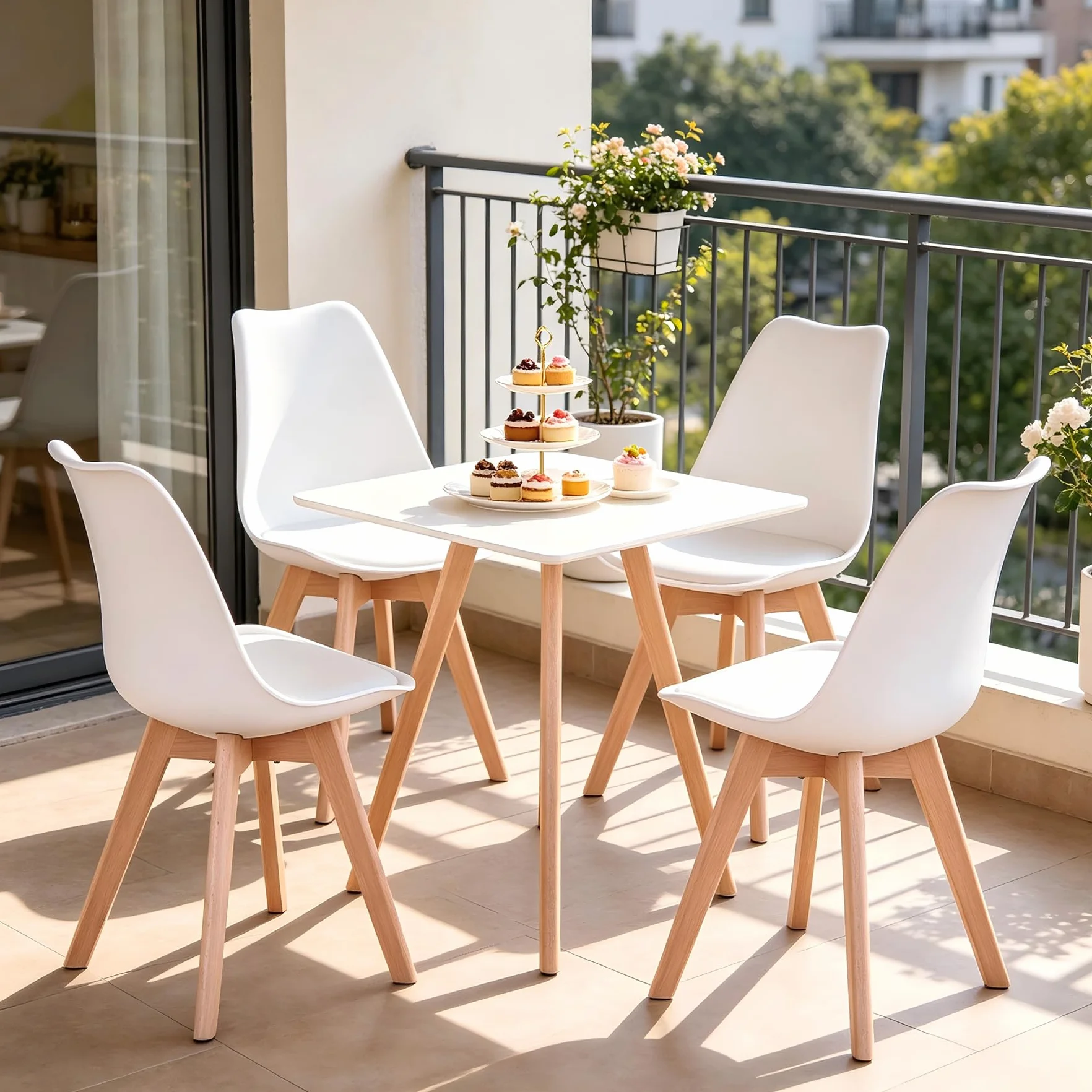 Juego de 6 Sillas de Comedor con Asiento Tapizado y Patas de Madera de Haya, Ideal para Comedor, Cocina, Salón, Dormitorio, Blanco