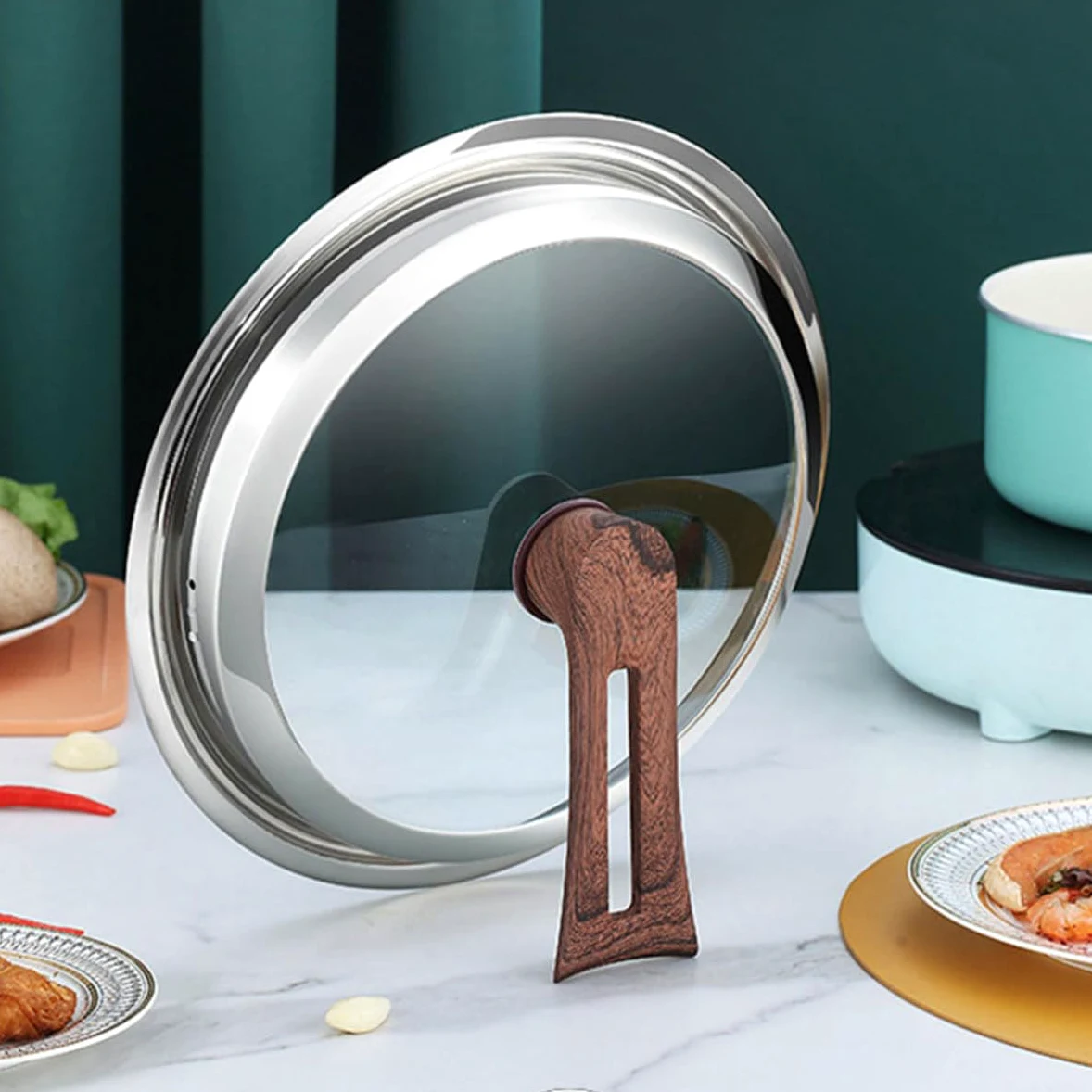 FRCOLOR Tapa para Ollas y Sartenes de Acero Inoxidable Vidrio Transparente, Diseño Creativo y Alta Estanqueidad para Cocina Práctica y Anti-derrame