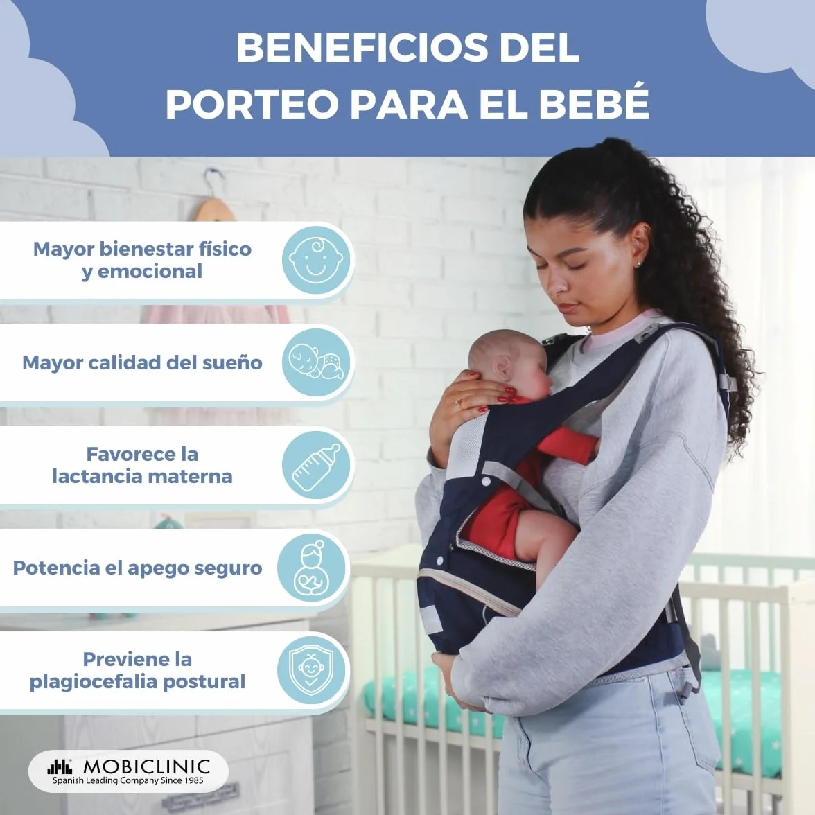 Mobiclinic® Mochila portabebés 6 en 1 Moley Multiposición Plegable Algodón premium suave 0-36 meses azul marino