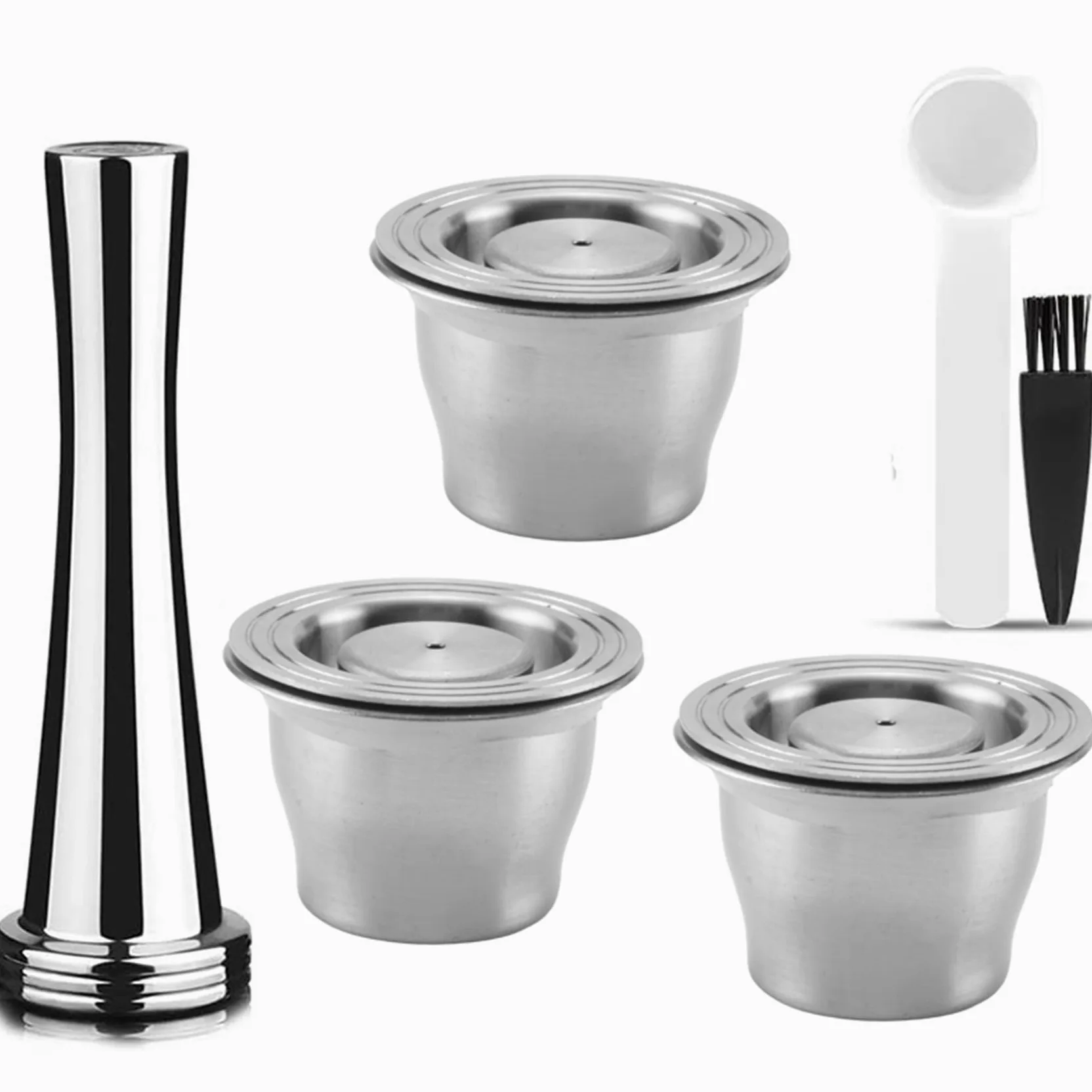Cápsulas reutilizables, acero inoxidable, 6 almohadillas recargables para + 2 manipuladores + 2 cucharas + 2 cepillos