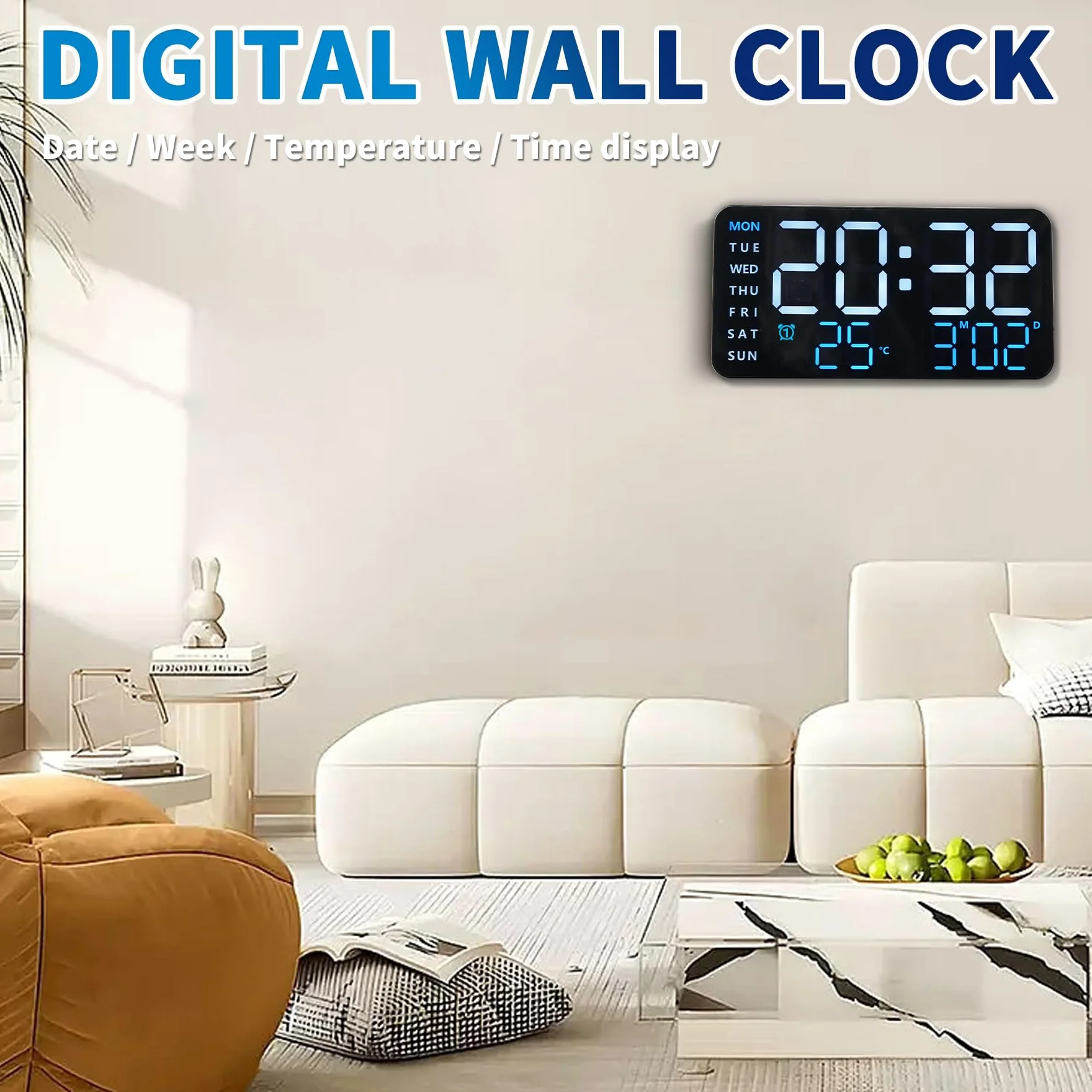 KCKJ Reloj despertador digital grande para dormitorio y hogar, con visualización de temperatura, fecha y día de la semana, brillo y volumen ajustables, doble uso para escritorio o montaje en pared
