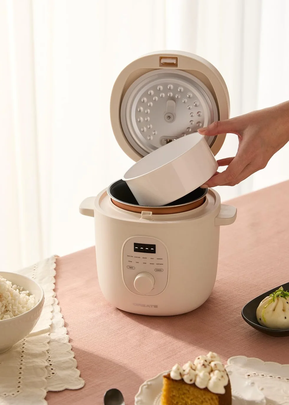 CREATE/RICE COOKER STUDIO/Arrocera eléctrica multifunción 1,2L blanco roto/Programable hasta 24h, con cesta vaporera, prepara tartas, guisos o sopas, función de mantener el calor, 300W