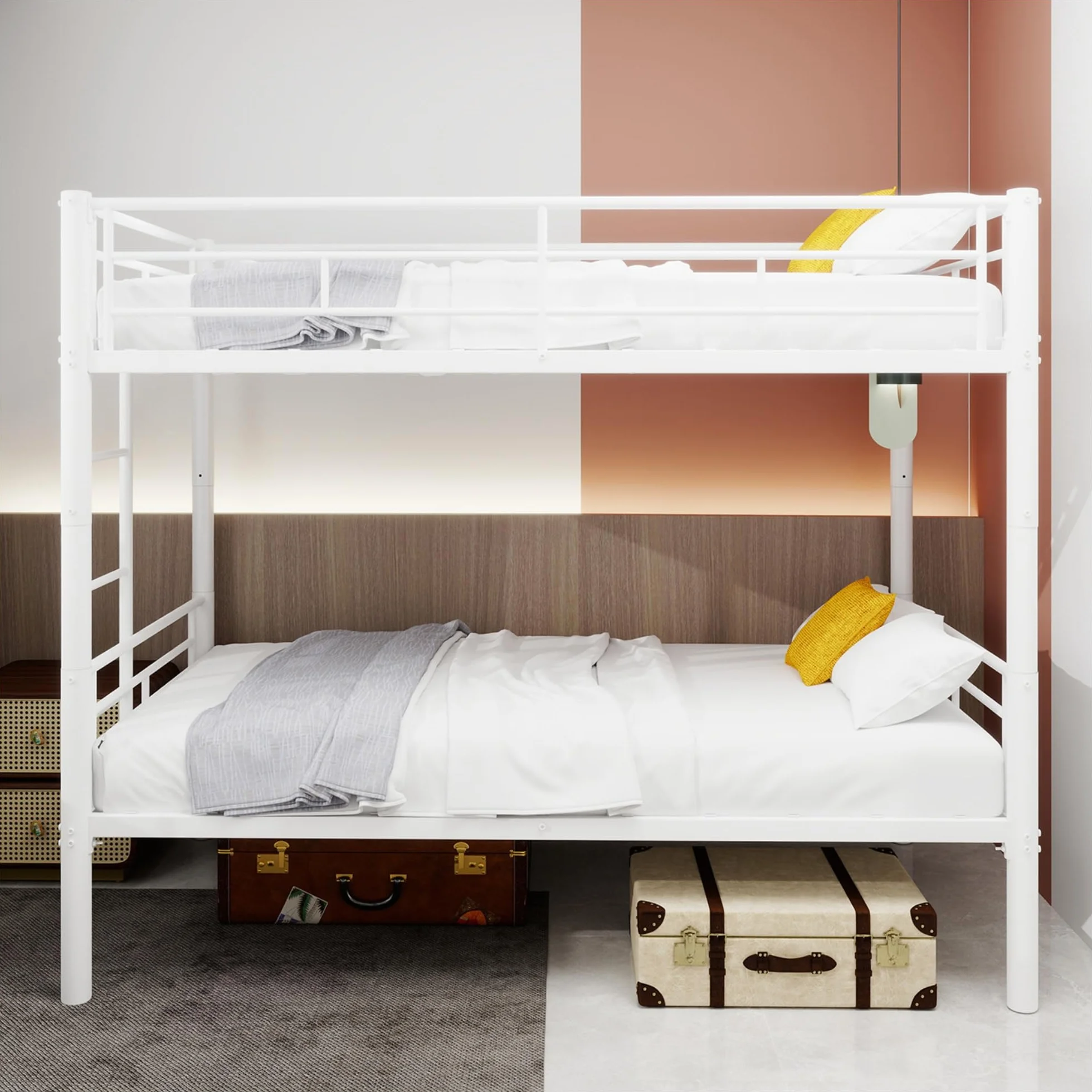 Litera de hierro, 90 x 190 cm, estructura metálica con escalera y barandilla, convertible en dos camas, apta para adolescentes y adultos (sin colchón) (blanco)