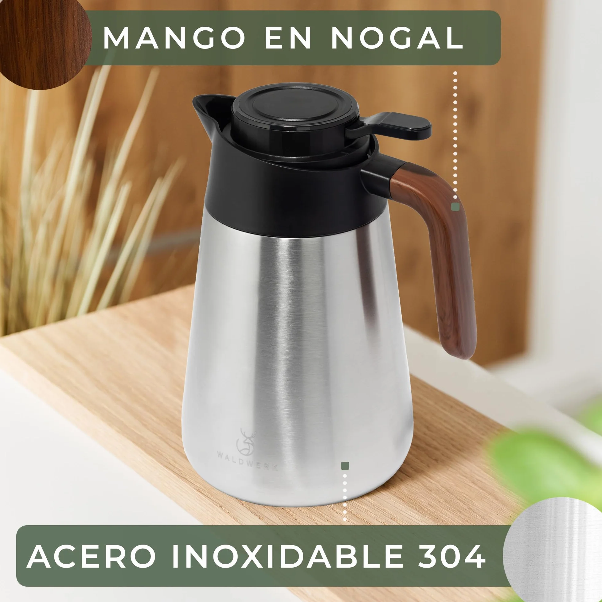 WALDWERK Jarra Termo (1,5 L) – Termos de café de acero inoxidable 304 de doble pared – Termo agua caliente con vertido antigoteo – Jarra termica para café