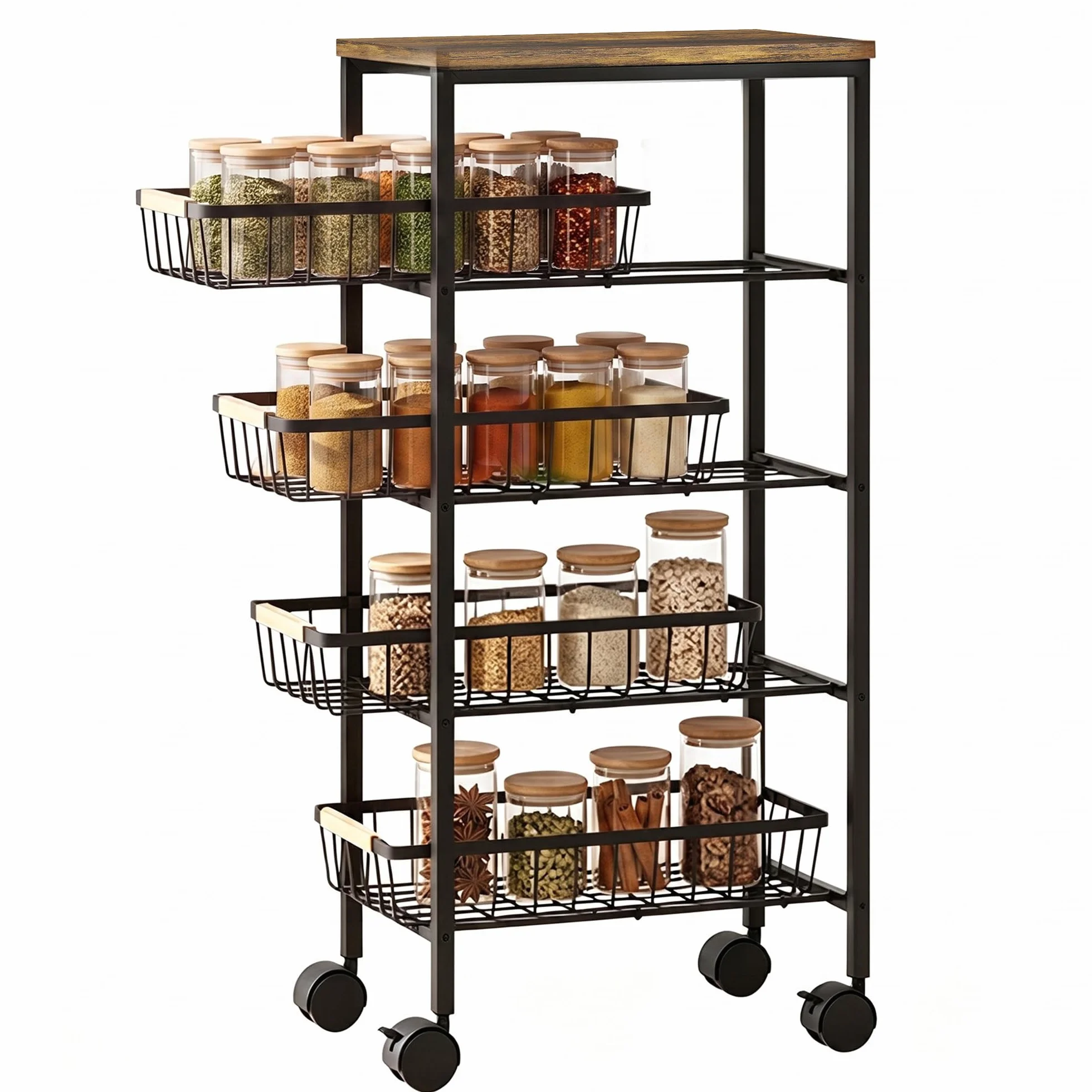 HOMCOM Carrito Auxiliar con Ruedas 4 Cestas Extraíbles 15 kg Marrón Rústico | Carrito de Cocina, Marco Metálico, Tiradores de Madera, para Comedor, Sala de Estar, Baño, 40x24x81,5 cm