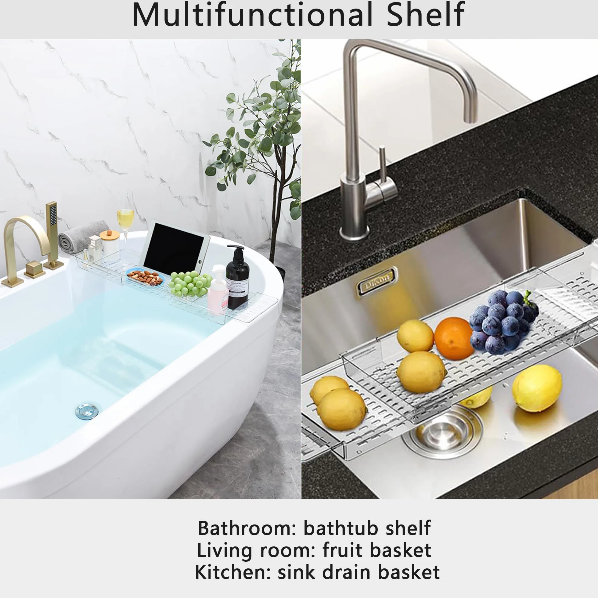 Bandeja para Bañera Acrílica Extensible - Estante Ajustable para Bañera para Copa de Vino, Velas, Libros y Productos de Baño - Organizador de Baño Resistente al Agua - Transparente