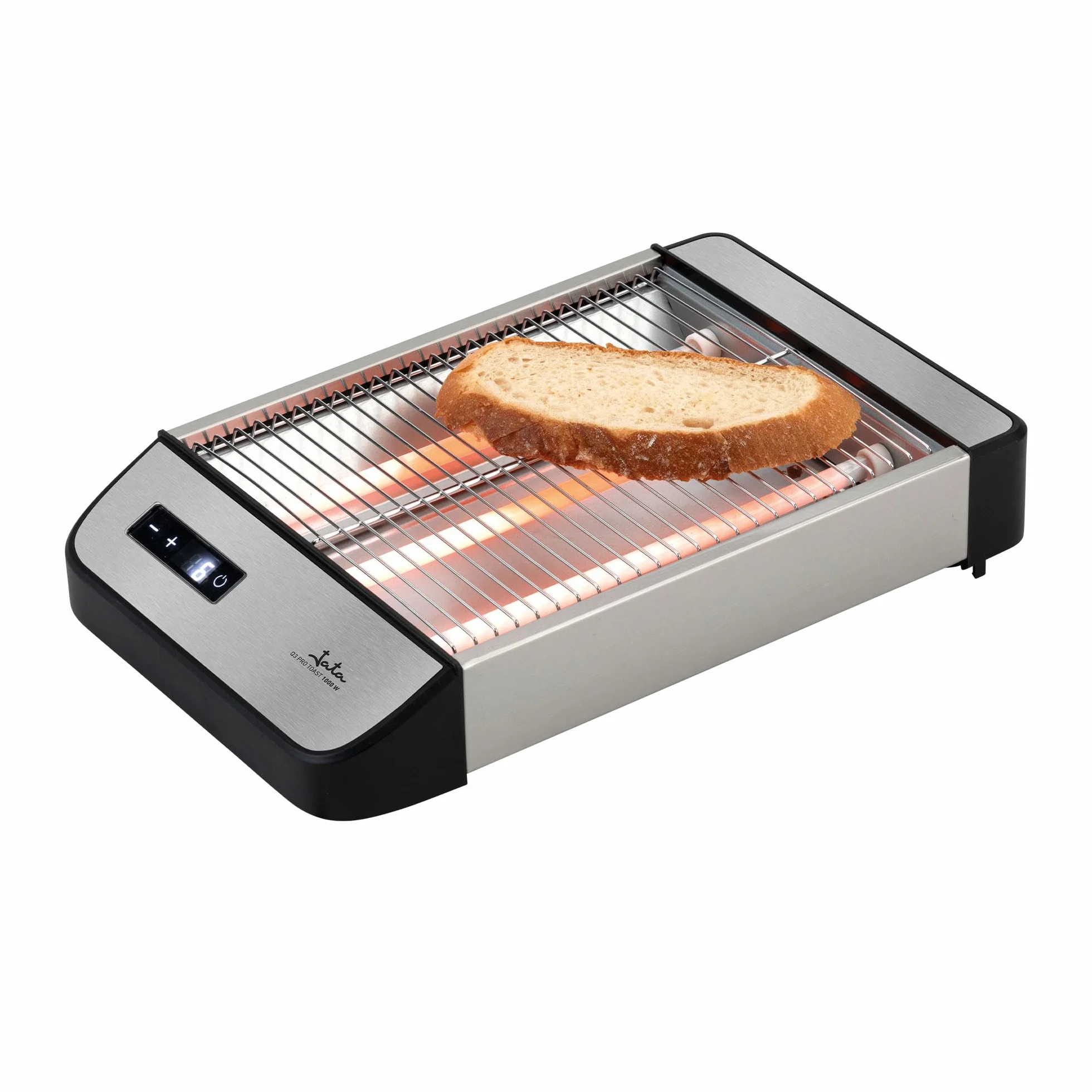 JATA JETT1590 - Tostadora Horizontal Digital, Tostador de Pan 1000W con Control Táctil, 6 Niveles de Tostado, Barras de Cuarzo, Bandeja Recogemigas Extraíble, Ideal para Pan, Bollería y Repostería