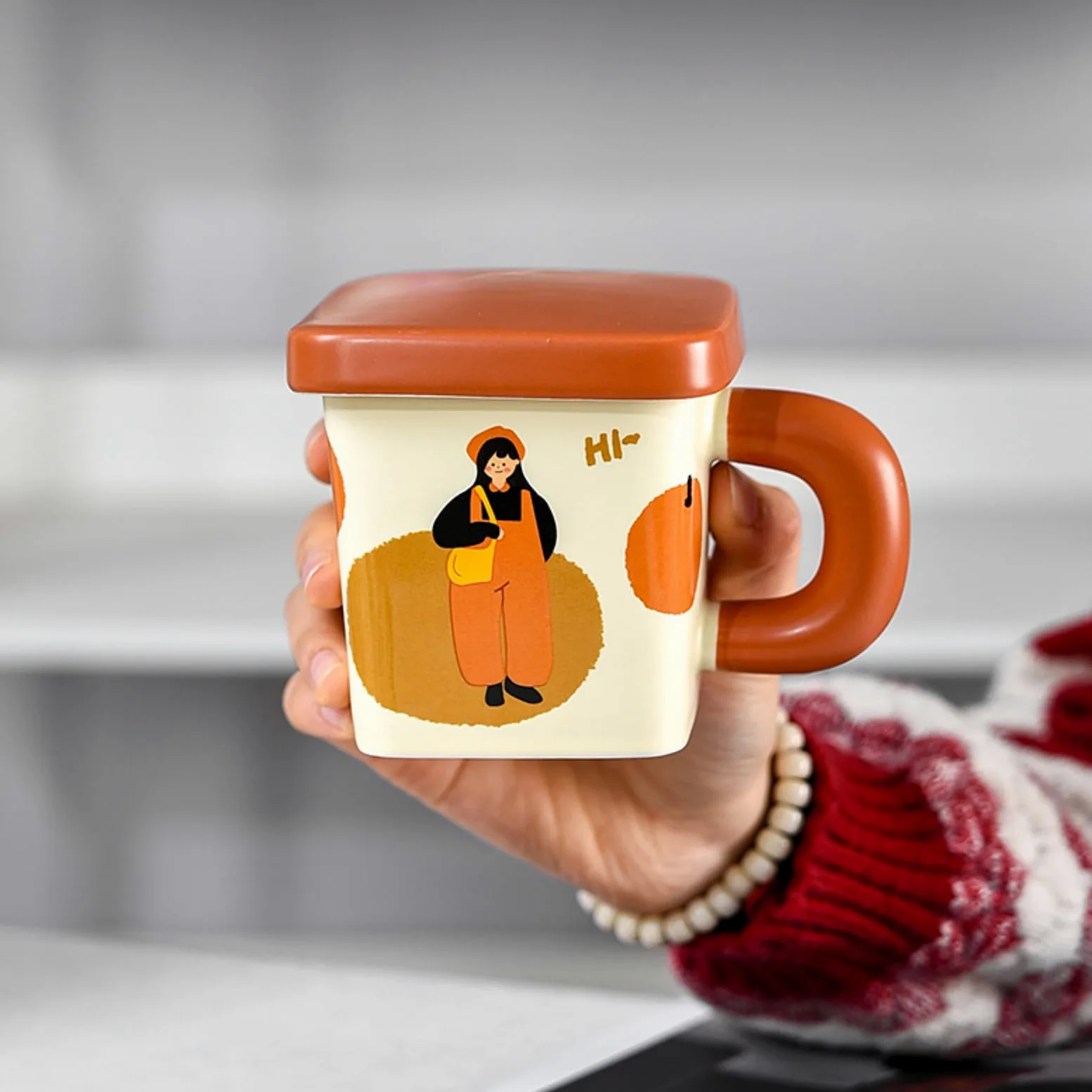 Taza cuadrada de cerámica de 380 ml con tapa, color verde, 380 ml