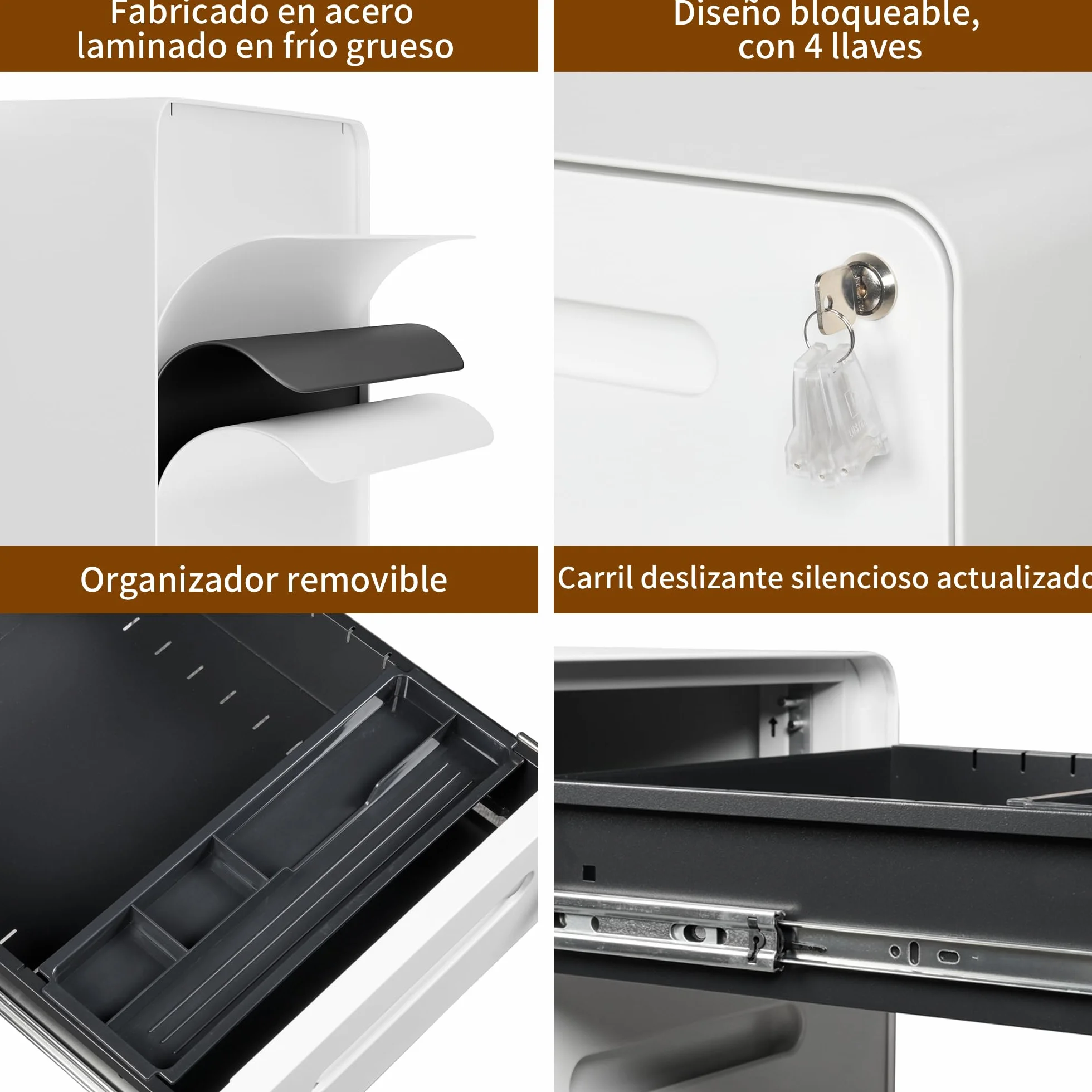 Cajonera Móvil con 3 Cajones, Archivador de Oficina con Ruedas, Diseño de Esquinas Redondeadas, Completamente Ensamblado, con Cerradura y 4 Llaves, Blanco