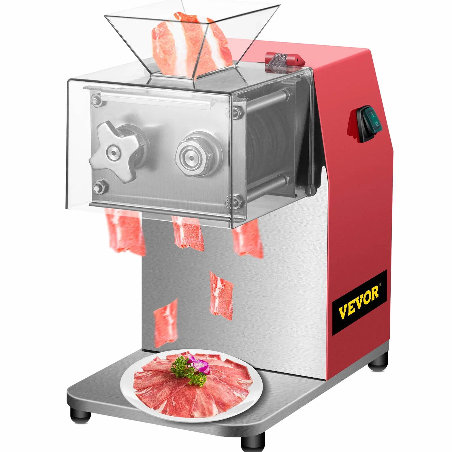 VEVOR - Máquina de corte de carne comercial, 250 kg/h, 850 W, hoja de 3,5 mm, cortador de carne eléctrico de acero inoxidable, para cocina, supermercado, cordero, carne de res, pollo, rojo