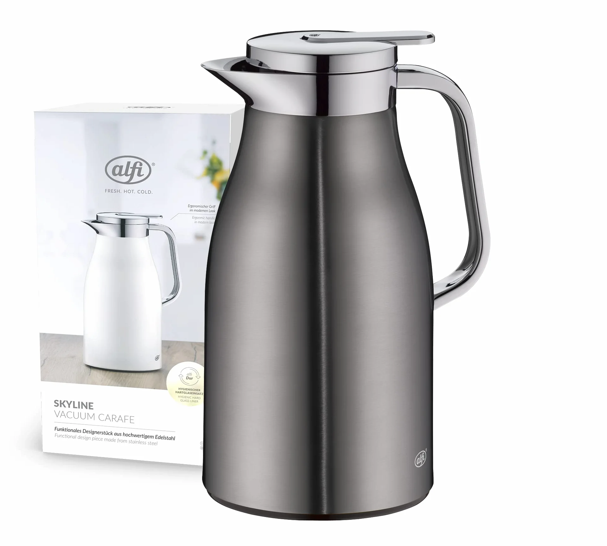 alfi SKYLINE 1,0 l, jarra isotérmica de acero inoxidable con inserción higiénica de vidrio duro, tapón de rosca con cómodo pulsador, mango ergonómico a una mano, ideal como jarra de café o té, sin BPA