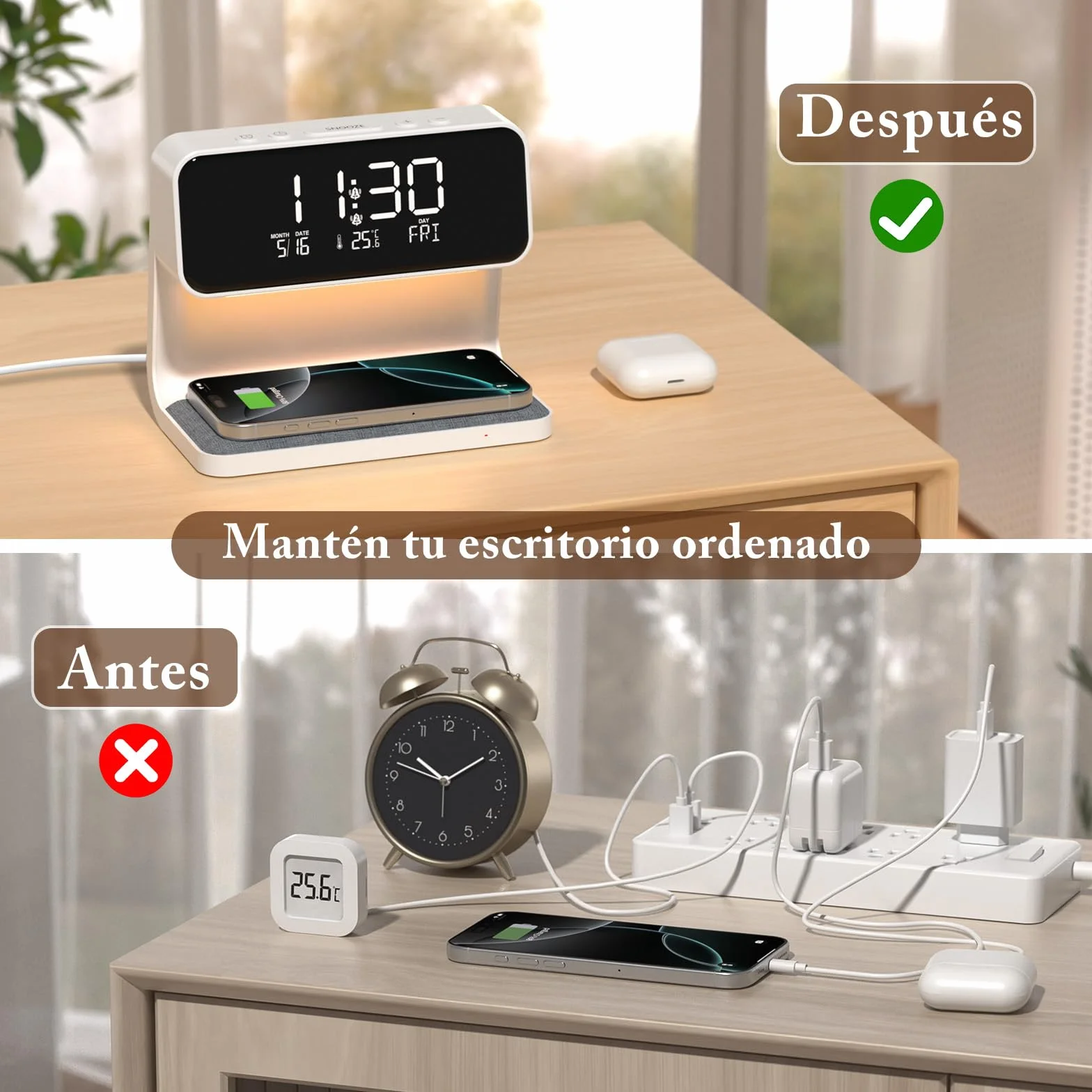 Despertador Digital, Reloj Despertador con Cargador Inalámbrico 15W, LED Pantalla Temperatura/Fecha/2 Alarmas/Snooze Ajustable/12/24H, Despertador Luz con Control Táctil para Infantil Adultos