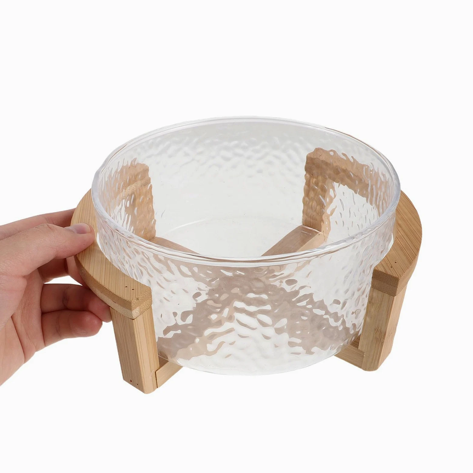 KALLORY Bol de Ensalada de Vidrio con Diseño Ondulado y Soporte de Bambú, Versátil para Servir y Fácil de Manejar en Reuniones al Aire Libre o Fiestas Emergentes