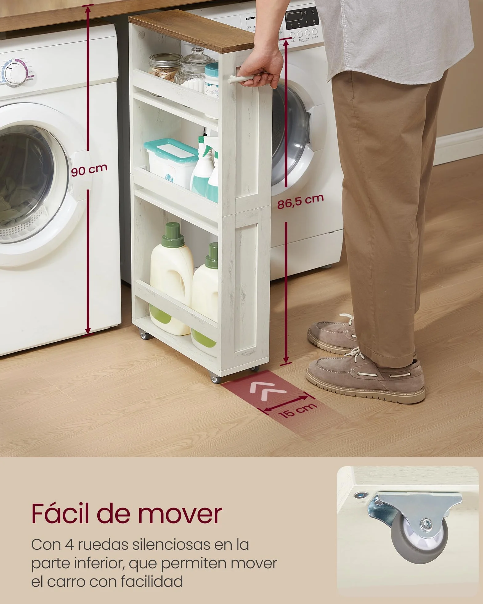 VASAGLE Carrito de Almacenaje Delgado de 4 Niveles, Estante de Cocina con Ruedas, con Asa, Espacio Pequeño, 15 x 43,2 x 86,5 cm, Baño, Lavandería, Blanco Rústico y Marrón Miel LRC050K01