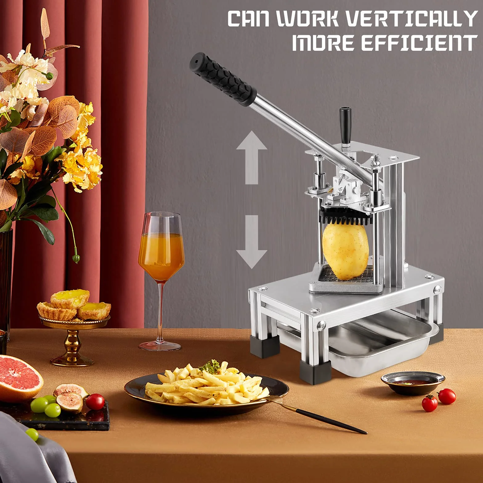 Comercial Cortador de freír francés con 3 Cuchillas de Repuesto, 1/2", 1/4" y 3/8" Cuchillas Trituradora Simple Triturador de Patatas Fritas, Limón y Patatas con Mango Alargado