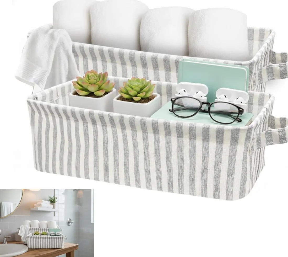 Juego de 2 Cajas Organizadoras de Tela Plegables, Cestas de Almacenamiento Estrechas con Asas para Armarios, Estanterías y Baños - 38x15x13 cm, Gris y Blanco