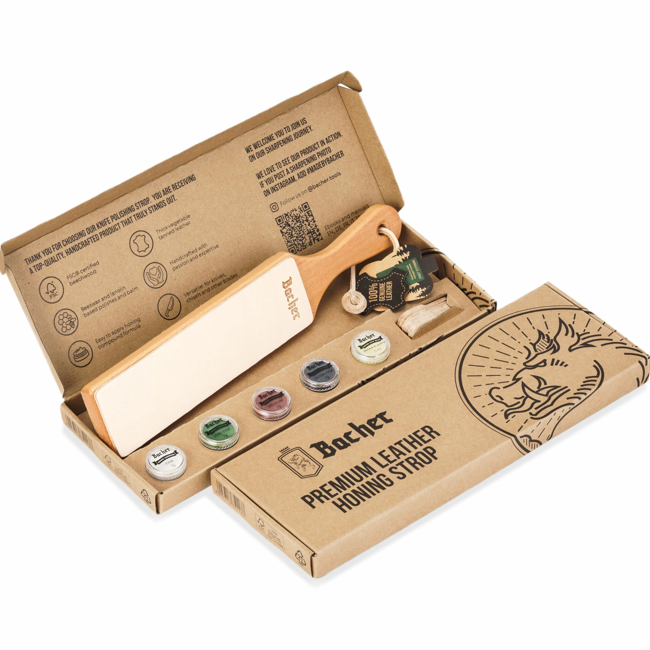 BACHER Premium Asentador de Cuero Strop para Cuchillos Paleta de madera dura cubierta concuero de curtido vegetal de 1/8"de grosor. Incluye un kit de 4 compuestos de afilado.