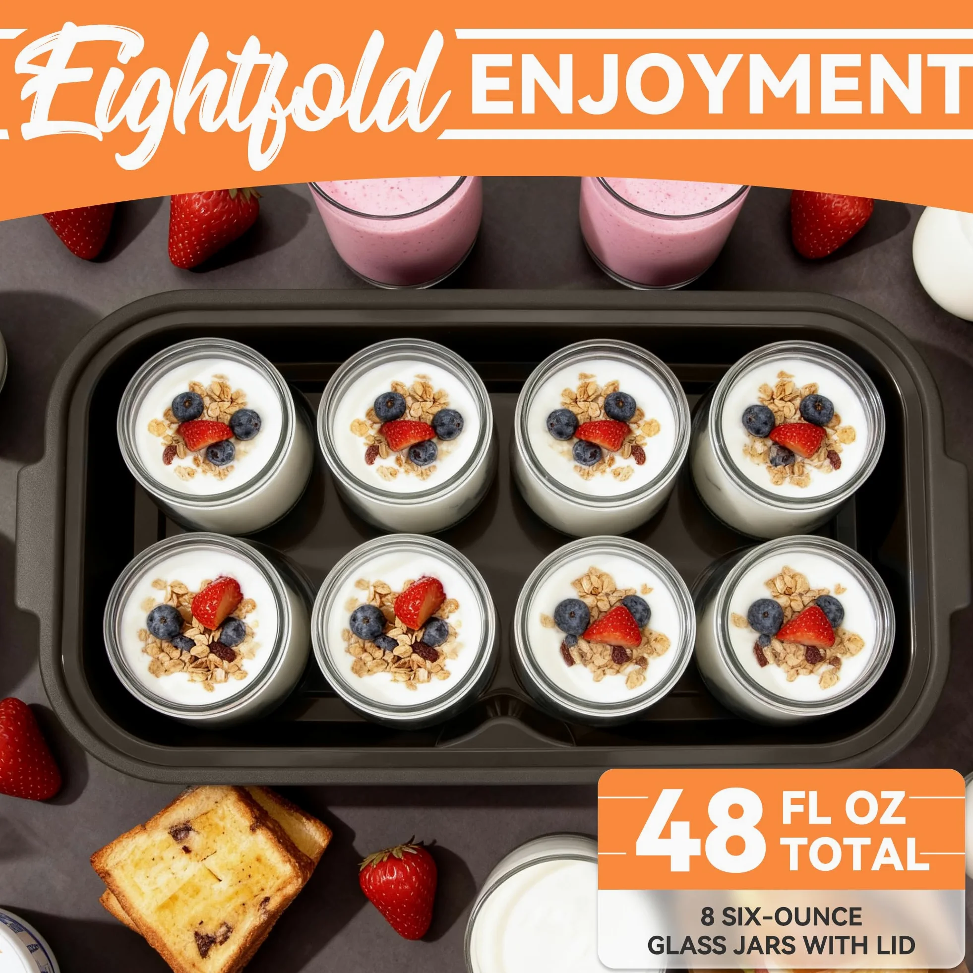 JoyMech Máquina para hacer yogurt, 8 tarros de vidrio con tapas reutilizables para yogur, avena, pudín o gelatina, marcial de grado alimenticio, control de un solo toque, yogur casero