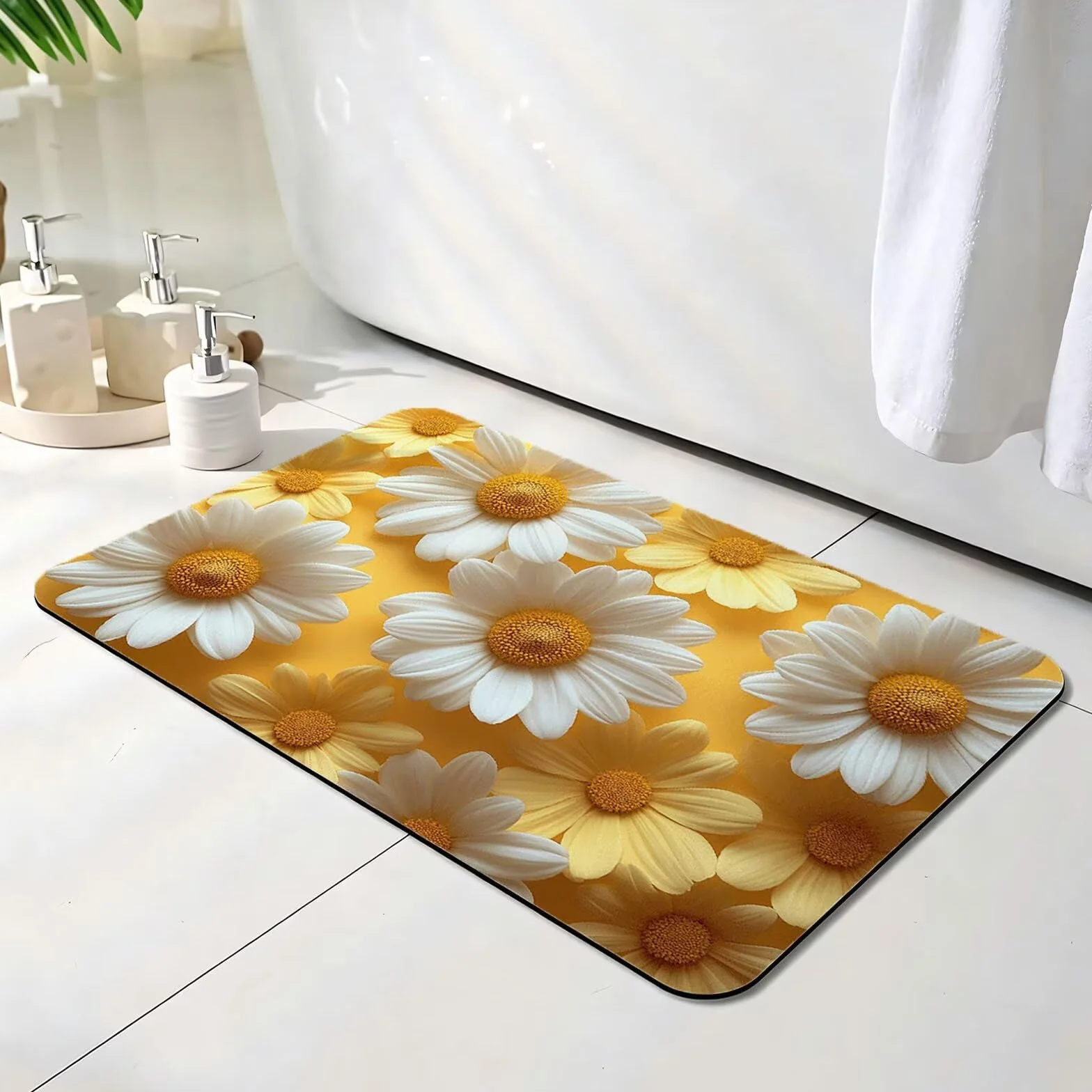 Alfombra Diatomita Baño 60 x 90 cm, Blanco Alfombra Bañera Antideslizante, Ducha Secado Rapido Alfombrilla Baño, Alfombrilla de Baños Lavable, Fácil de Limpiar, para Ducha, Bañera Margarita O-6506