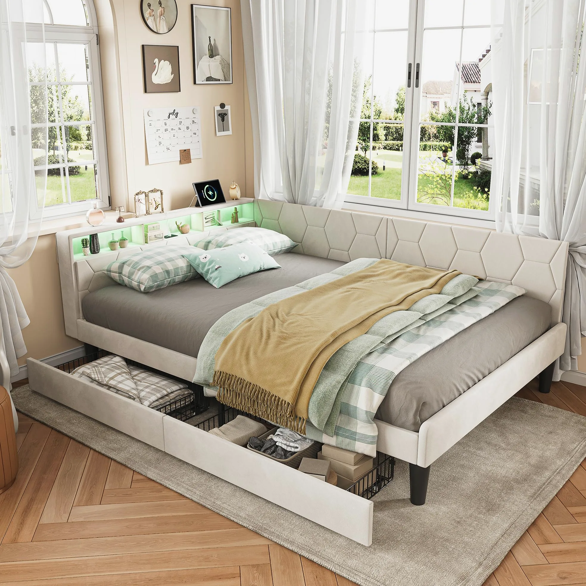 Cama doble 140 x 200 con 2 cajones y espacio de almacenamiento, cama acolchada en L con lámpara LED y USB, paredes laterales intercambiables, sofá cama moderno, sin colchón (Beige C, 140 x 200)
