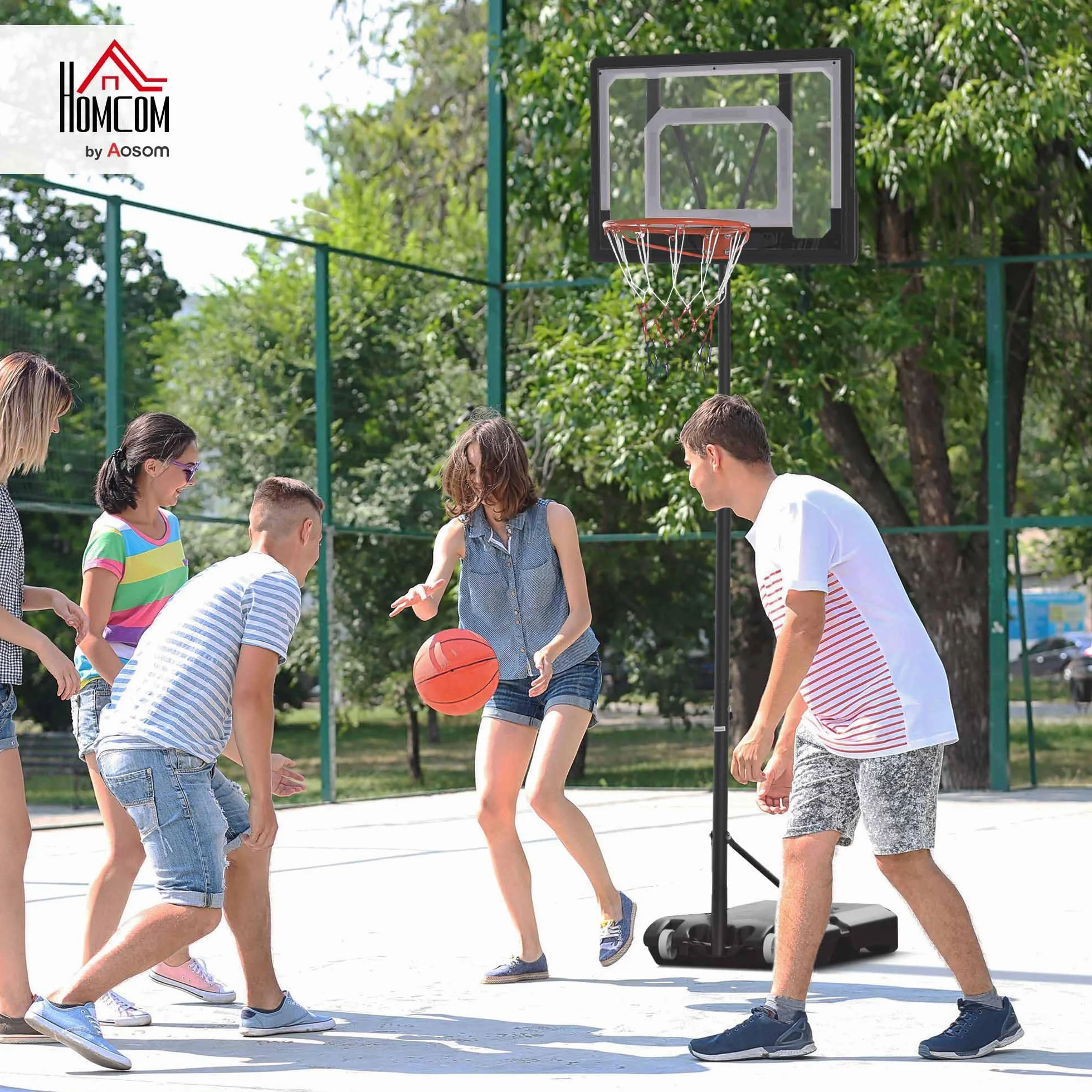 HOMCOM Canasta de Baloncesto Exterior Altura Ajustable 206-260 cm Aro con Ruedas Base Rellenable Negro