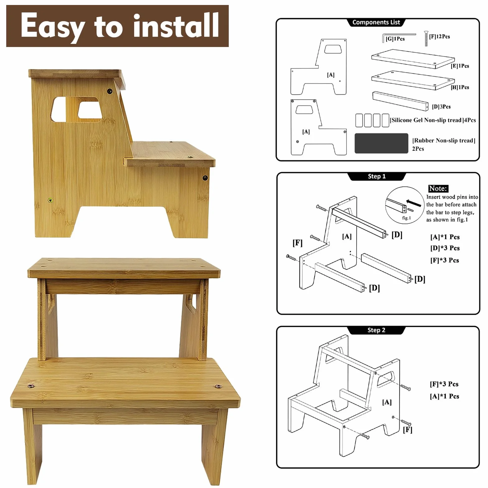 Escalera Madera 2 Peldaños Antideslizante Baño Cocina