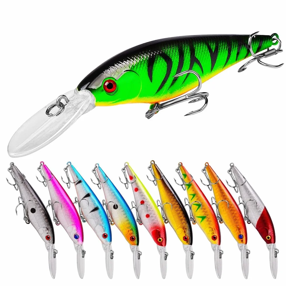 Paquete de 10 señuelos de pesca, cebos duros, cebo de pececillo y cebo para agua dulce y salada, lubina, trucha, lucioperca, pez rojo