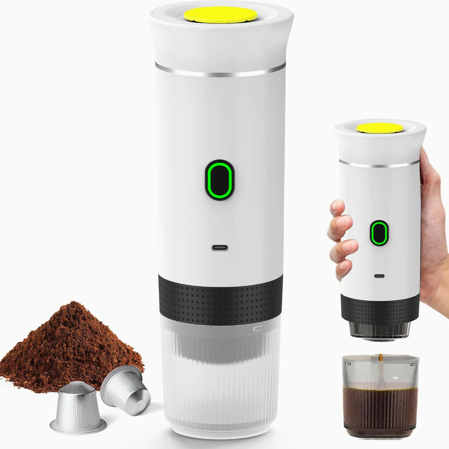 Máquina de café multicápsulas, 3 en 1 cafetera expreso, 4 a 6 minutos de auto-elevación, cápsulas pequeñas, grandes cápsulas, café molido, cafetería portátil para oficina, hogar, coche (blanco)