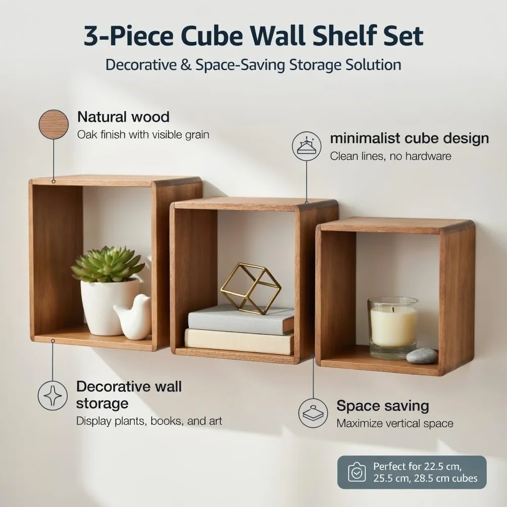 Juego de 3 Cubos Estantes de Pared Set de 3 Cubos Flotantes de Álamo 22,5/25,5/28,5 cm Estanterías Cuadradas para Decoración Libros Plantas y Objetos Organizadores de Pared (Marron)