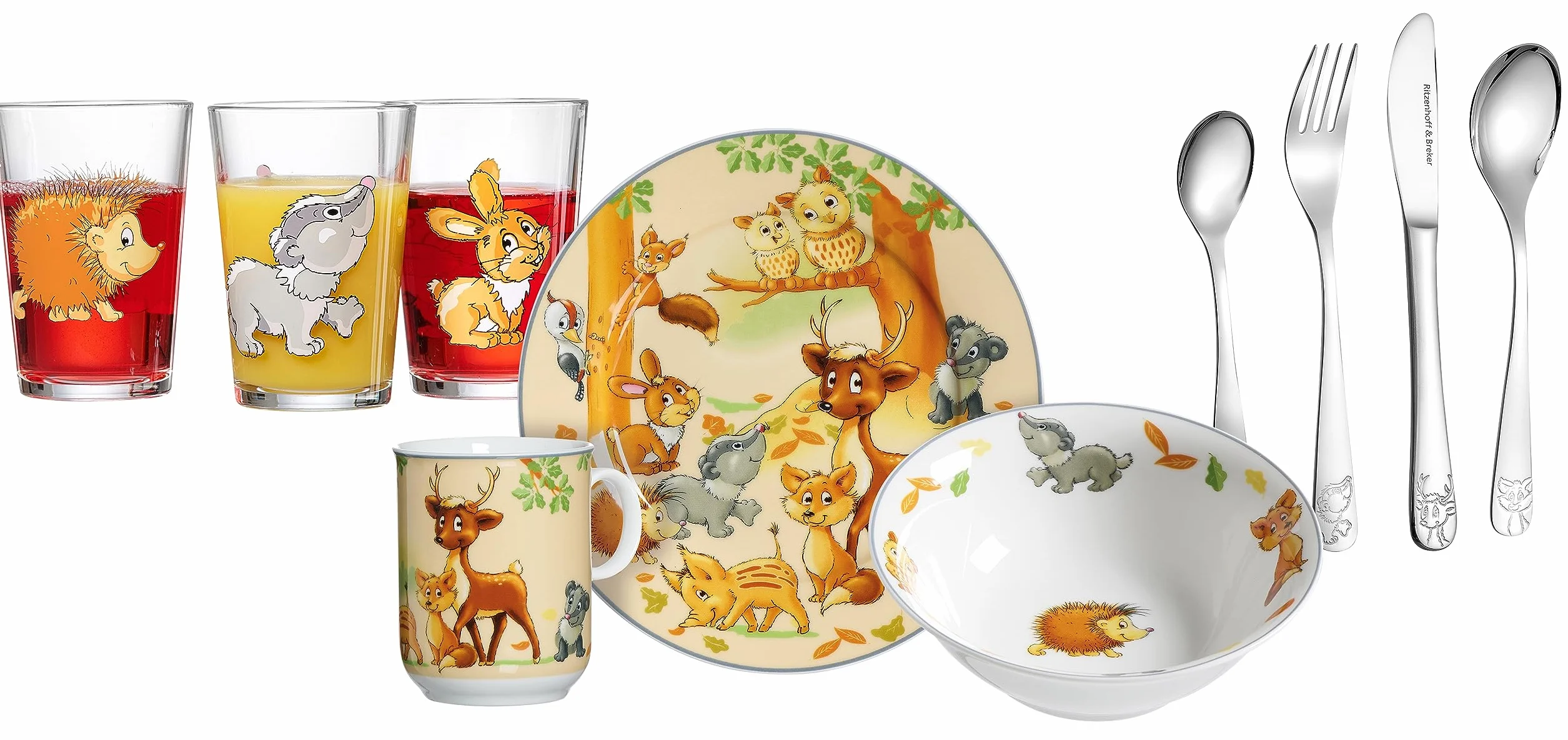 Ritzenhoff & Breker Juego de vajilla infantil de animales del bosque con cubiertos y vasos, 10 piezas, porcelana