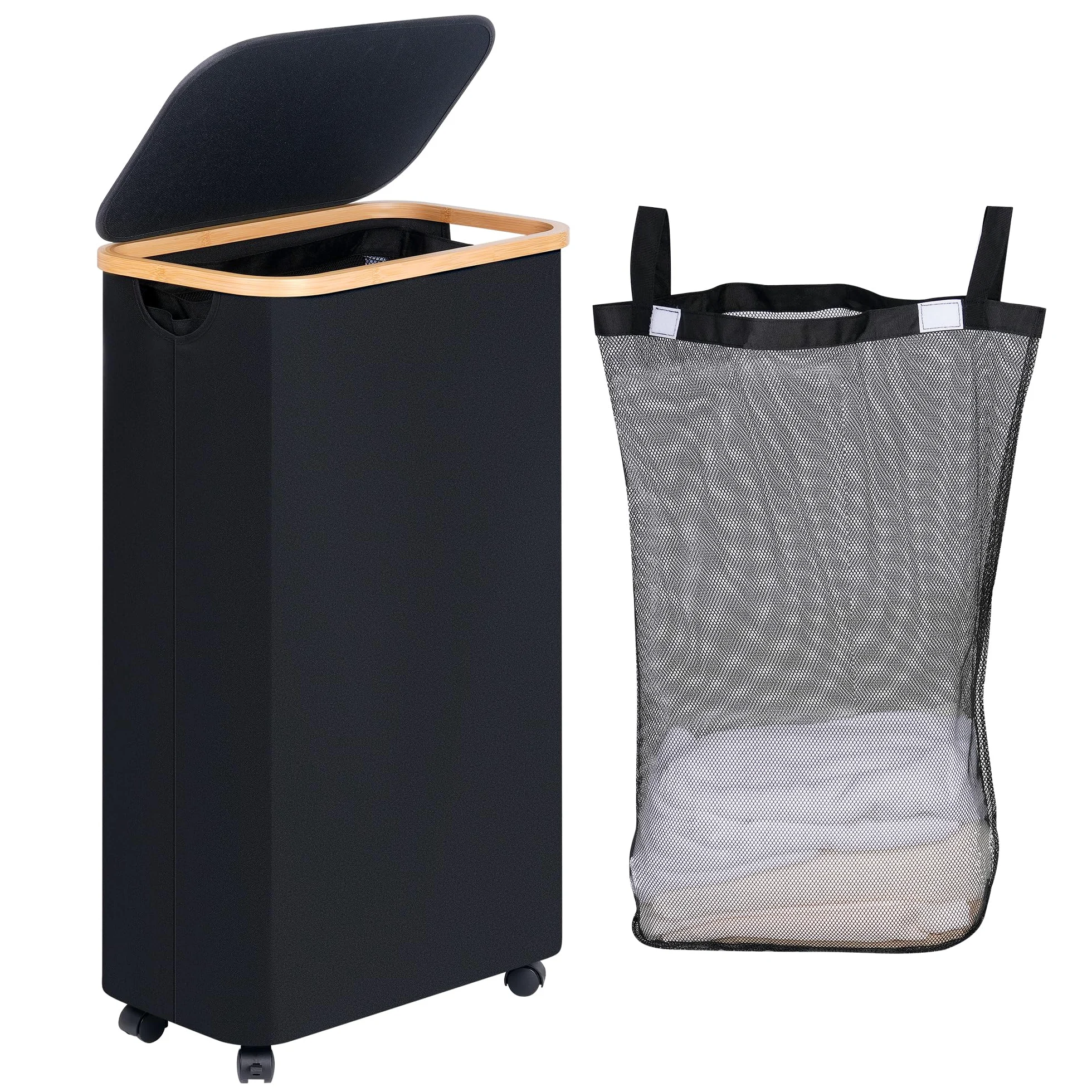 efluky Cesto de Ropa Sucia con Ruedas, Cesto de Ropa Sucia Plegable de 75L con Tapa, Cesta de Ropa Sucia Plegable con Asas de Bambú y Bolsa Extraíble para Dormitorio, Baño, Lavadero