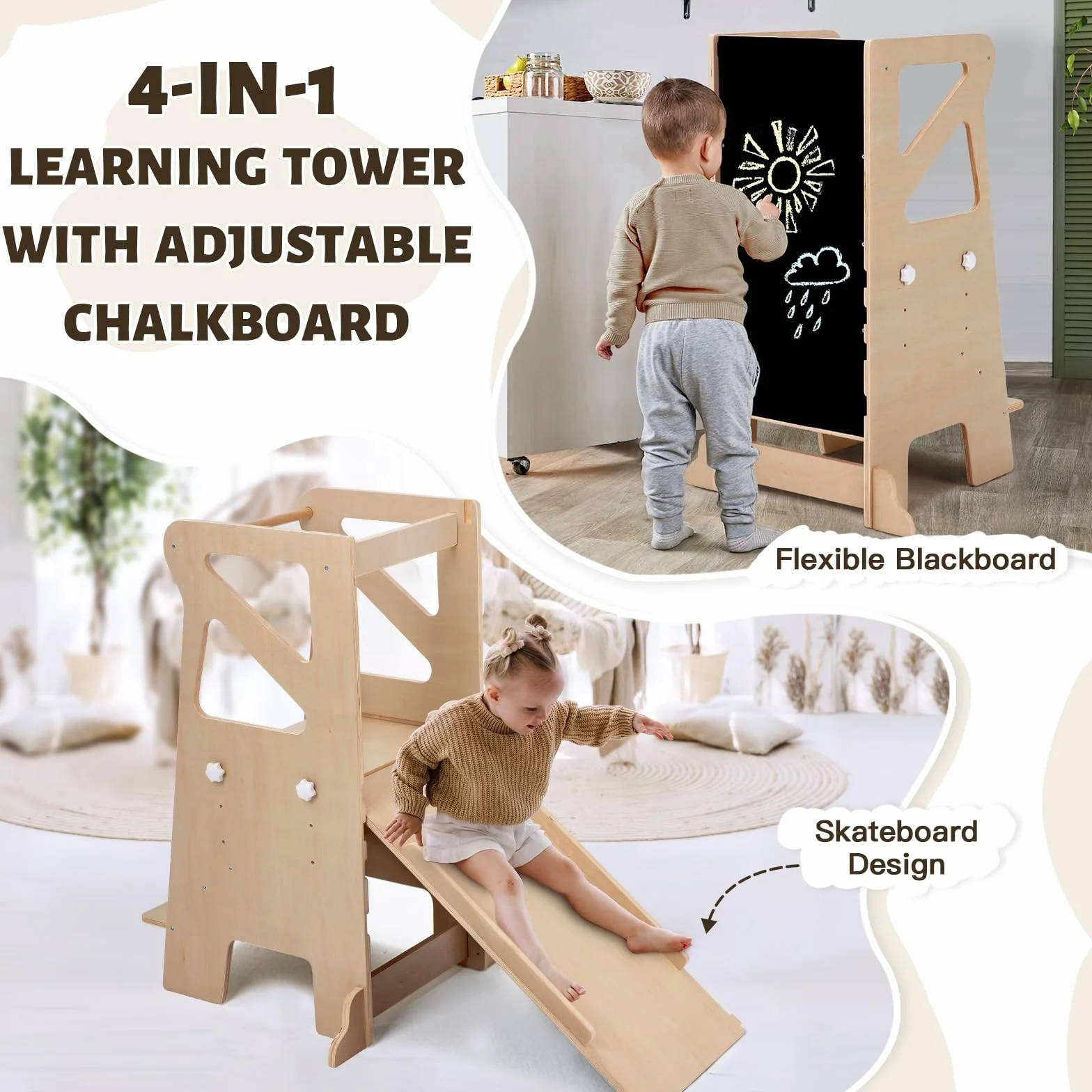 Labebe Torre de Aprendizaje Montessori 4 en 1 Regulable en Altura con Tobogán y Pizarra