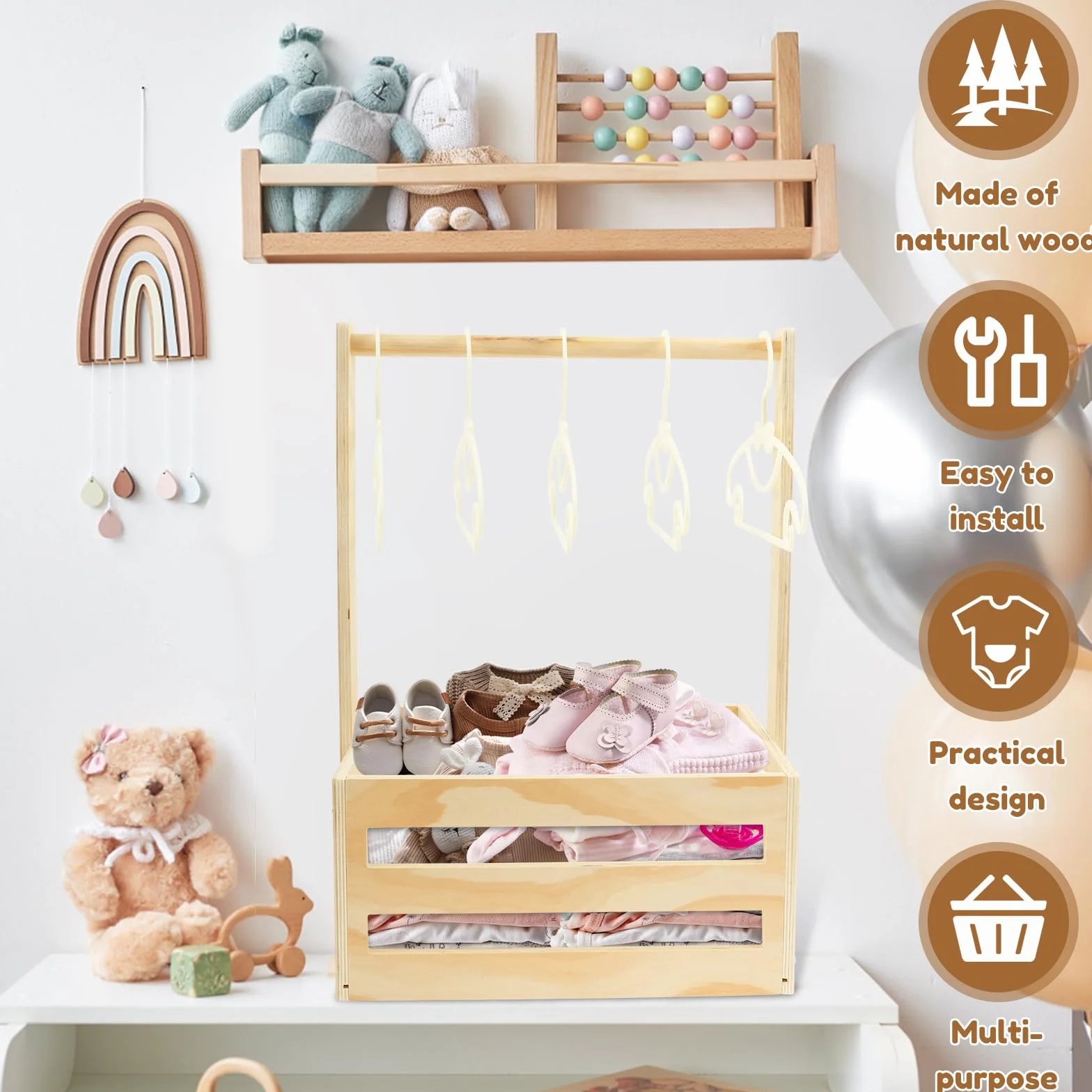 Cesta de regalo para bebé de madera con asa y 5 percheros, personalizada para recién nacidos