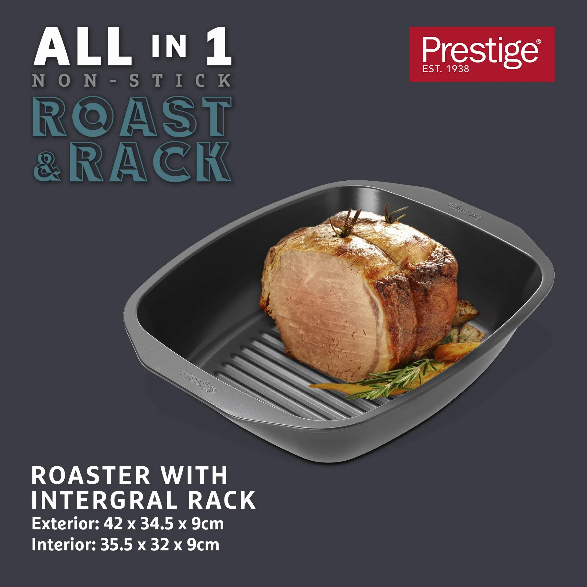 Prestige Bandeja para asar grande – Bandeja antiadherente para hornear con bandeja integral para asar 42 x 34,5 x 9 cm, acero al carbono de calibre pesado y bandeja de horno apta para lavavajillas