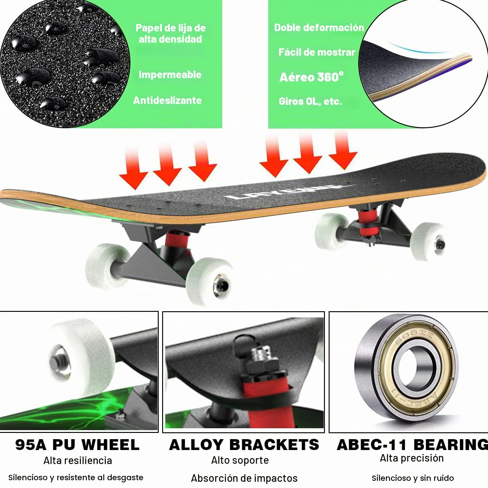 LAYENNE Skateboard 31x8 Pulgadas 7 Capas Arce ABEC-11
