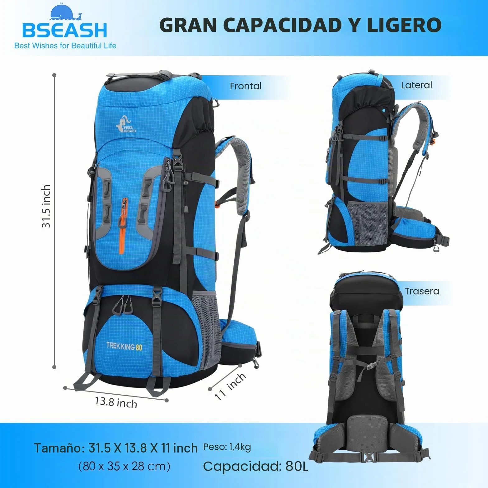 Bseash Mochila impermeable 80 L para senderismo camping con cubierta lluvia ligera deportes aire libre viajes escalada