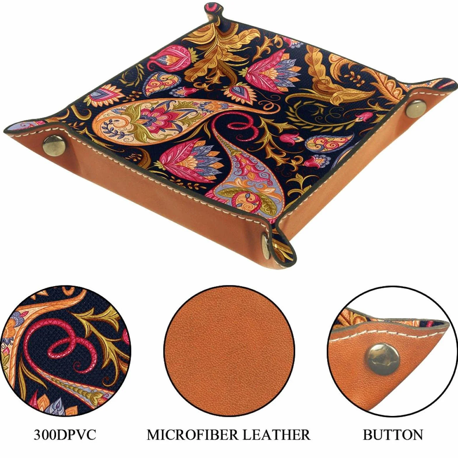 Vendimia Floral Paisley étnico Bandeja de Cuero,Bandeja de Cuero Plegable para Reloj de joyería de Monedas de Llave de Almacenamiento
