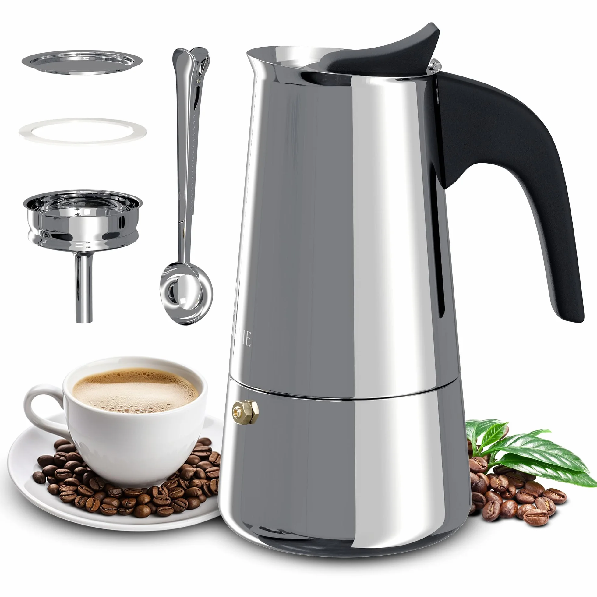 Set Café : Cafetera Italiana 12 Tazas - Compatible Inducción, Vitrocerámica y Gas | Cafetera Italiana Induccion | Cafetera Induccion Acero Inoxidable | Cafetera para Induccion (12 Tazas)