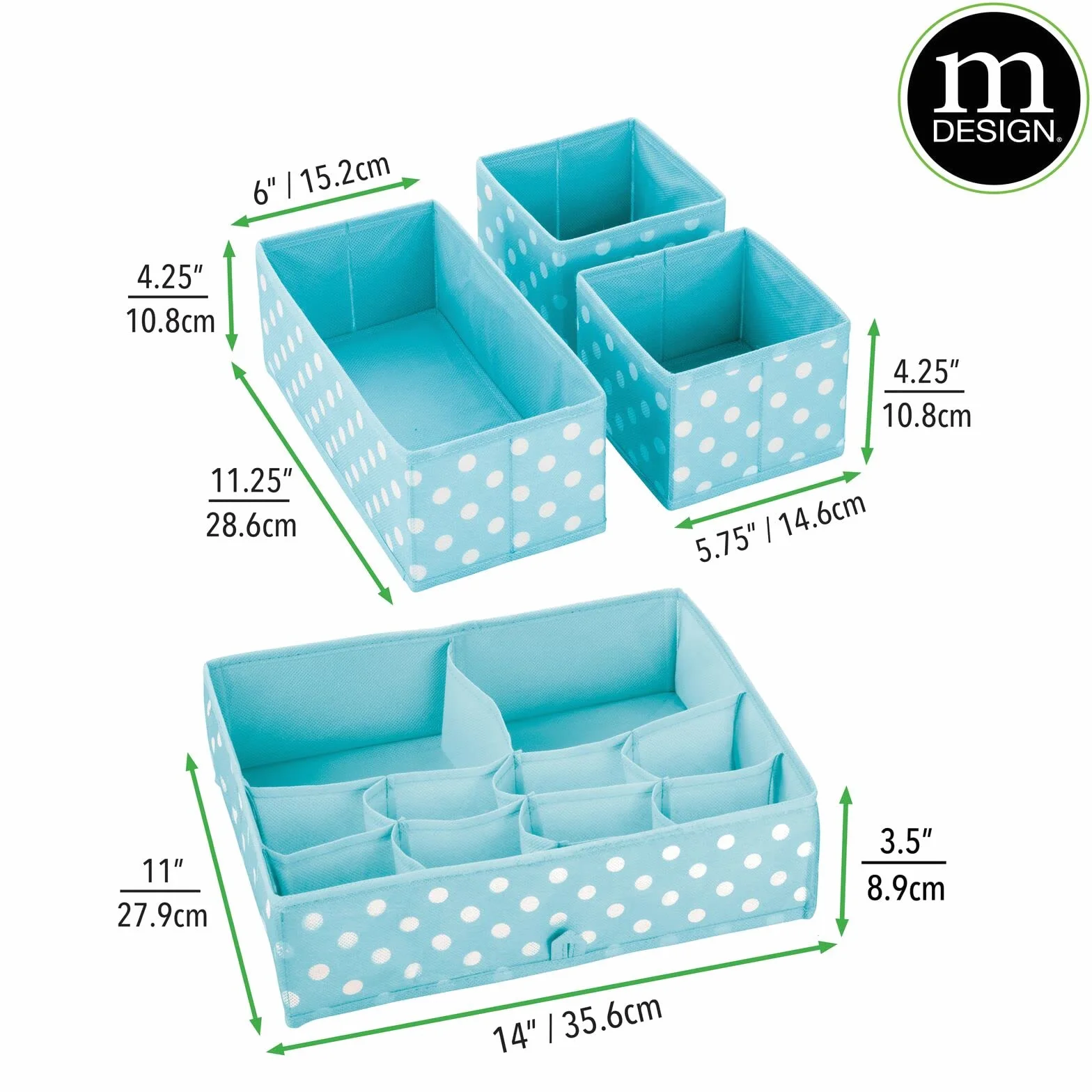 mDesign Juego de organizadores para armarios - Separadores de cajones - azul turquesa/blanco - 3 tamaños - set de 8