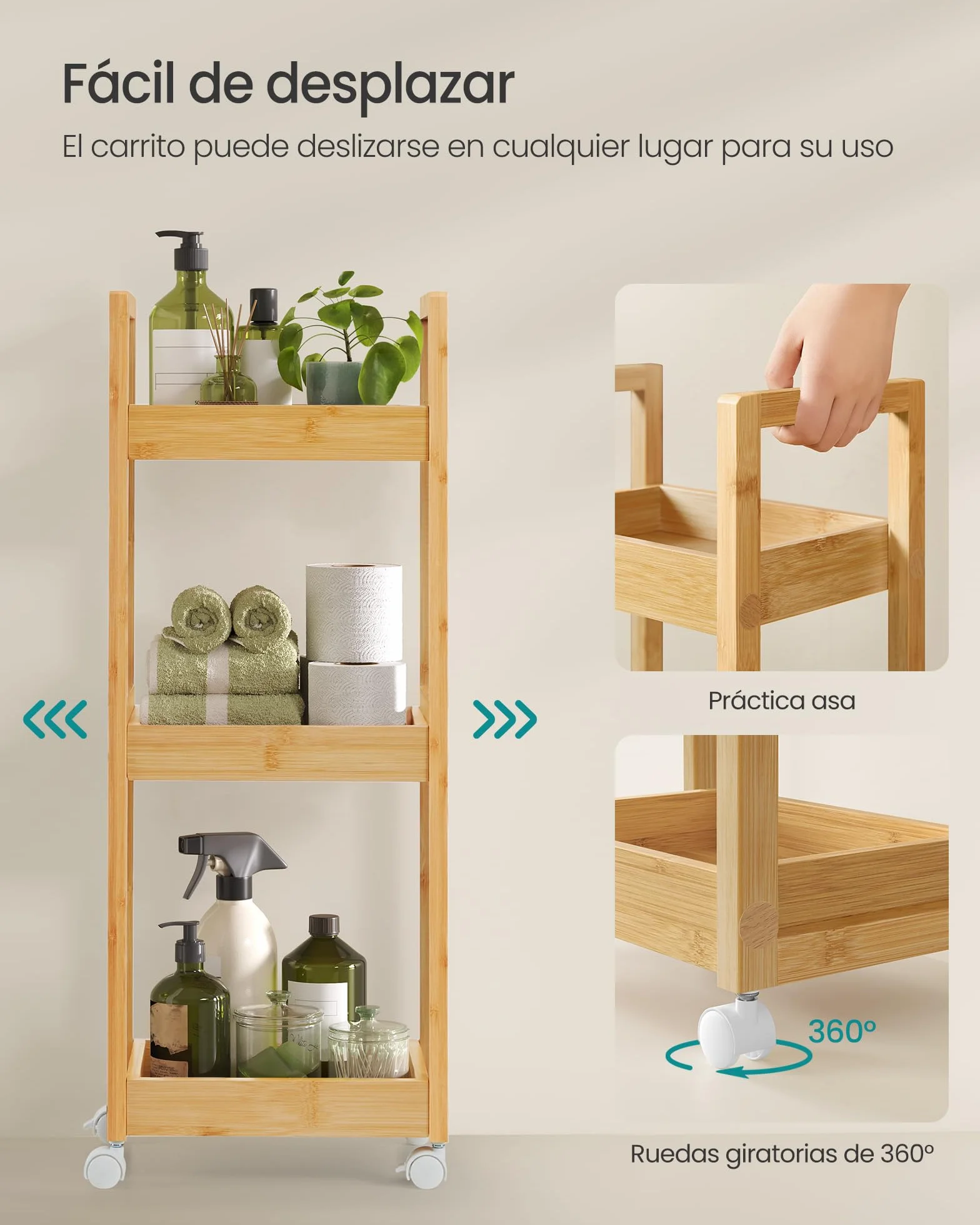 SONGMICS Carrito de Baño 3 Niveles Bambú Estrecho con Ruedas 20x30x80 cm Beige Natural