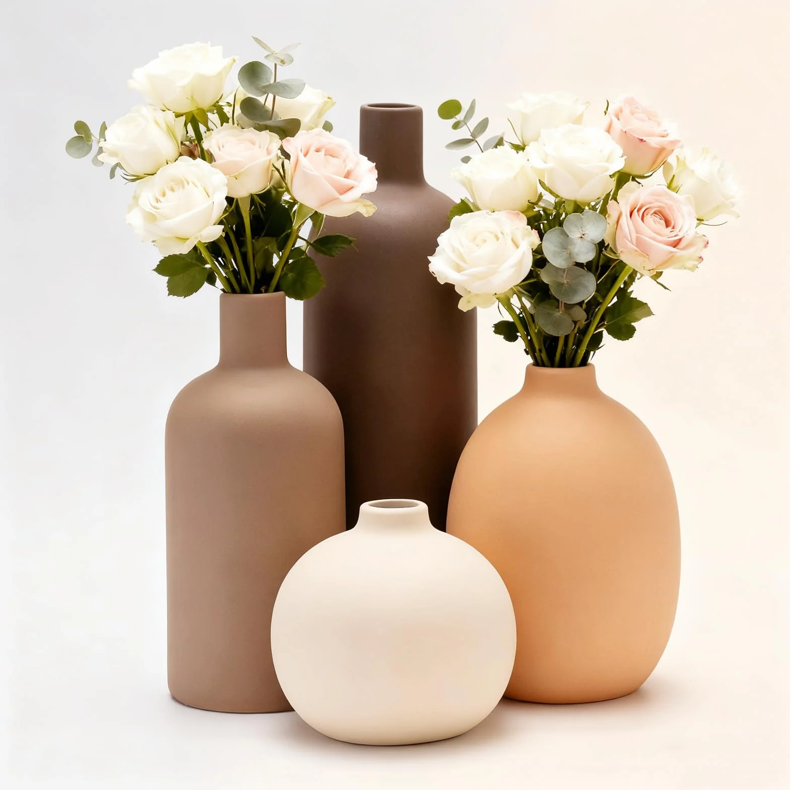 Juego de 4 jarrones de cerámica, jarrones de cerámica para decoración del hogar, floreros Decorativos para Hierba de Pampa y Flores secas, Mesa, estantería (Café,Naranja,Beige,marrón)
