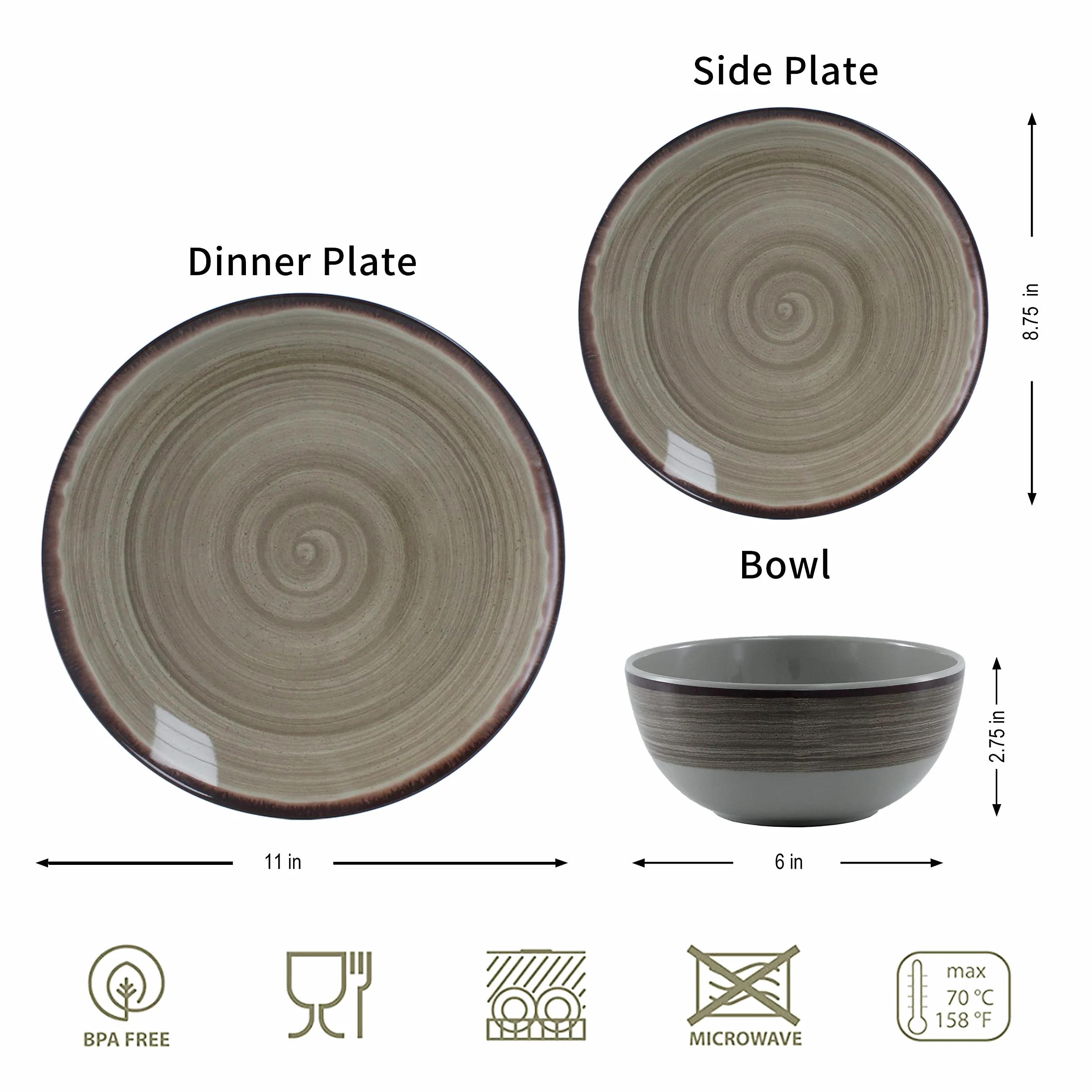 Juegos de vajilla de melamina, juegos de vajilla para 4, 1 juego de platos y cuencos para uso en interiores y exteriores, apto para lavavajillas, sin BPA (Saturno)